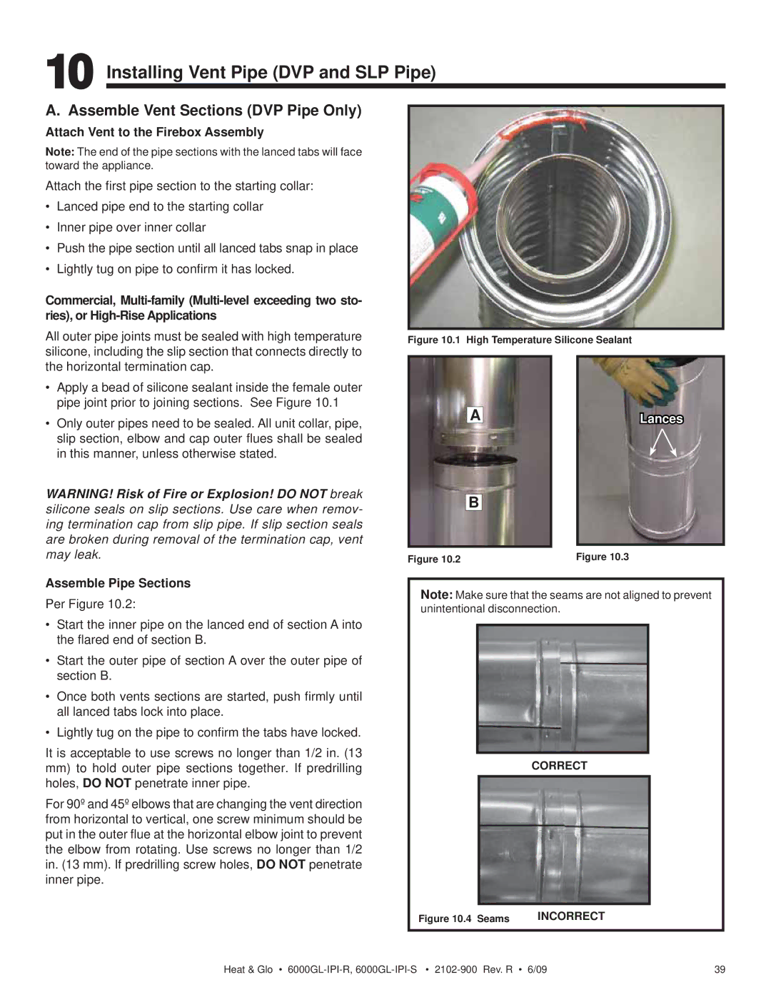 Heat & Glo LifeStyle 6000GL-IPI-R owner manual Installing Vent Pipe DVP and SLP Pipe, Assemble Vent Sections DVP Pipe Only 