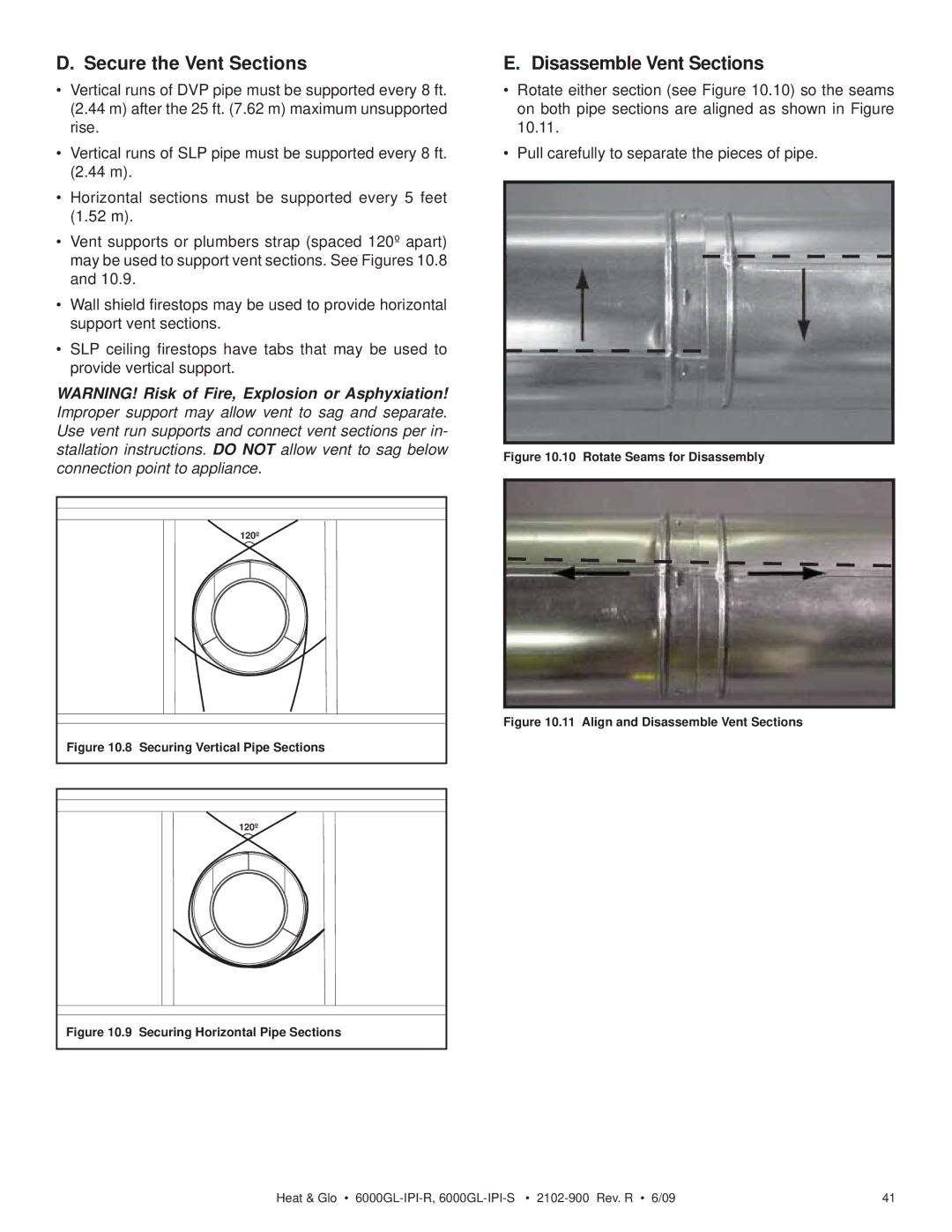 Heat & Glo LifeStyle 6000GL-IPILP-R, 6000GL-IPI-S, 6000GL-IPILP-S Secure the Vent Sections, Disassemble Vent Sections 