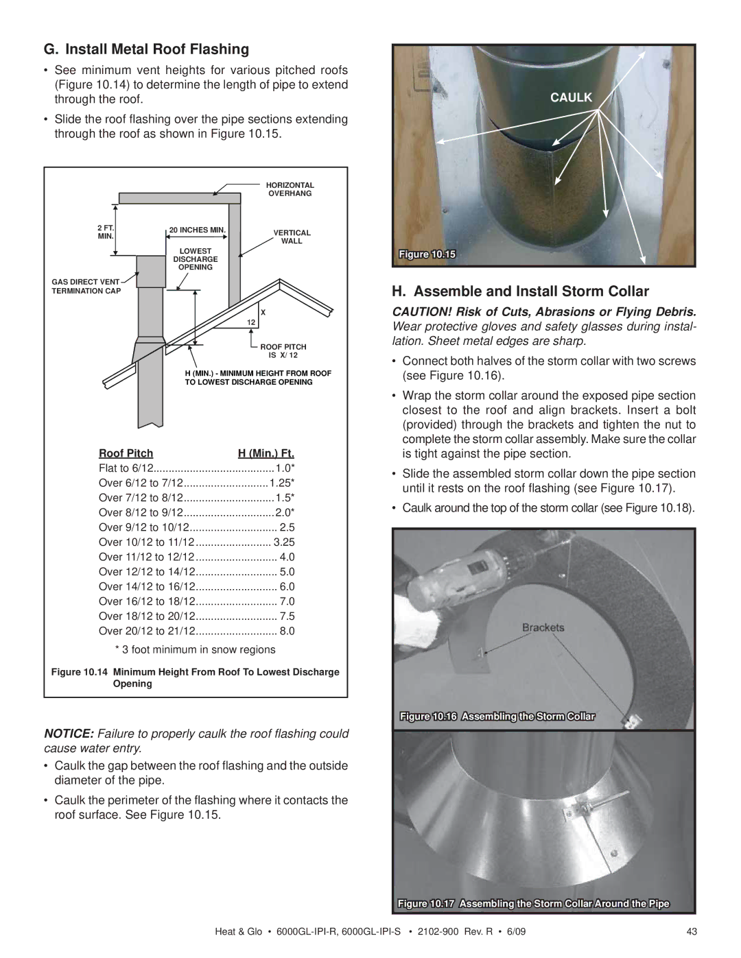 Heat & Glo LifeStyle 6000GL-IPI-R, 6000GL-IPI-S owner manual Install Metal Roof Flashing, Assemble and Install Storm Collar 