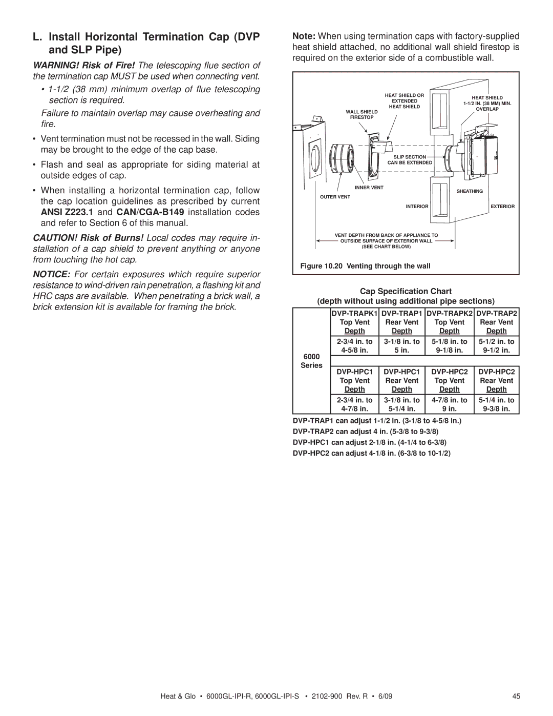 Heat & Glo LifeStyle 6000GL-IPILP-R Install Horizontal Termination Cap DVP and SLP Pipe, Refer to of this manual 