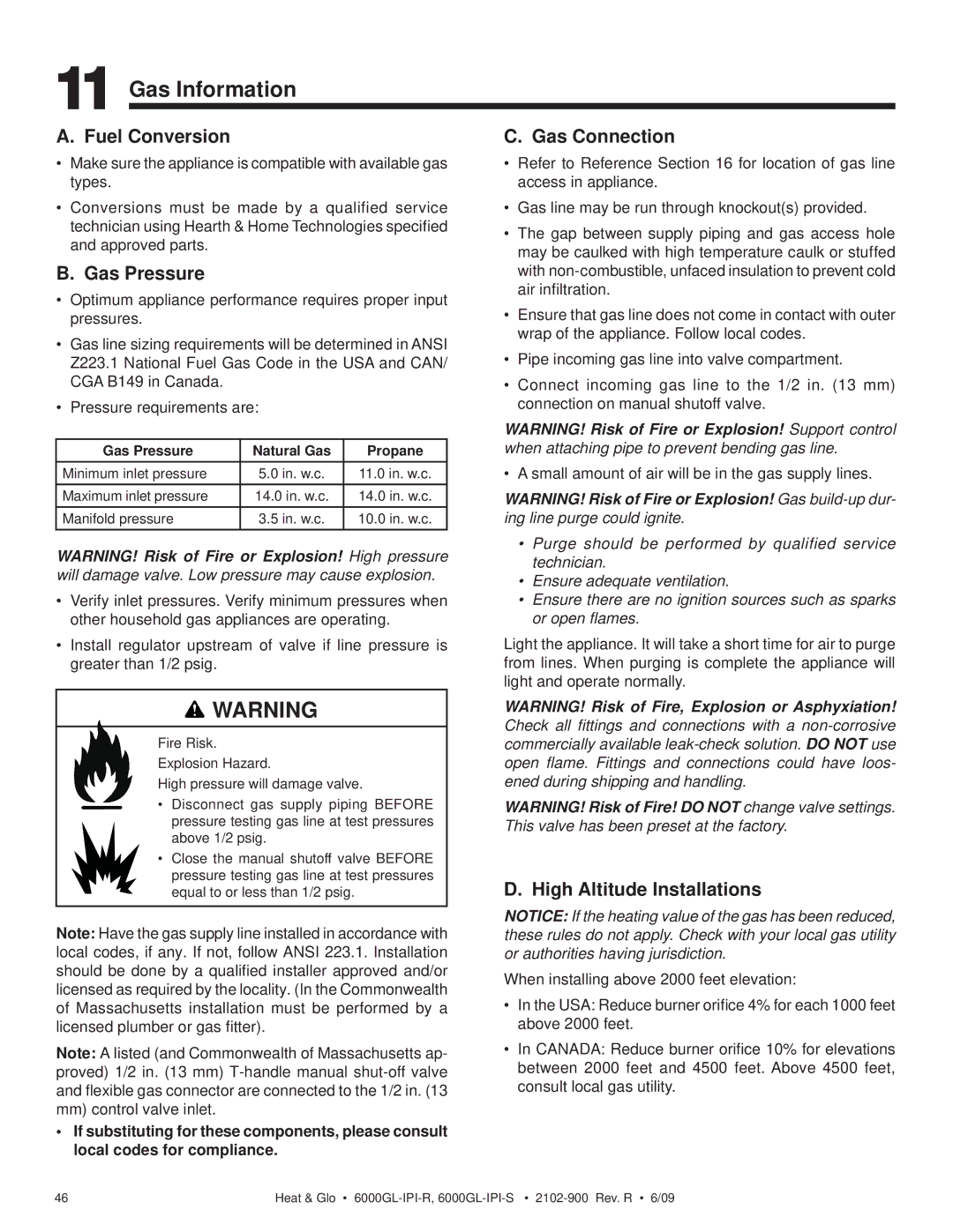 Heat & Glo LifeStyle 6000GL-IPILP-S, 6000GL-IPI-S Gas Information, Fuel Conversion, Gas Pressure, Gas Connection 