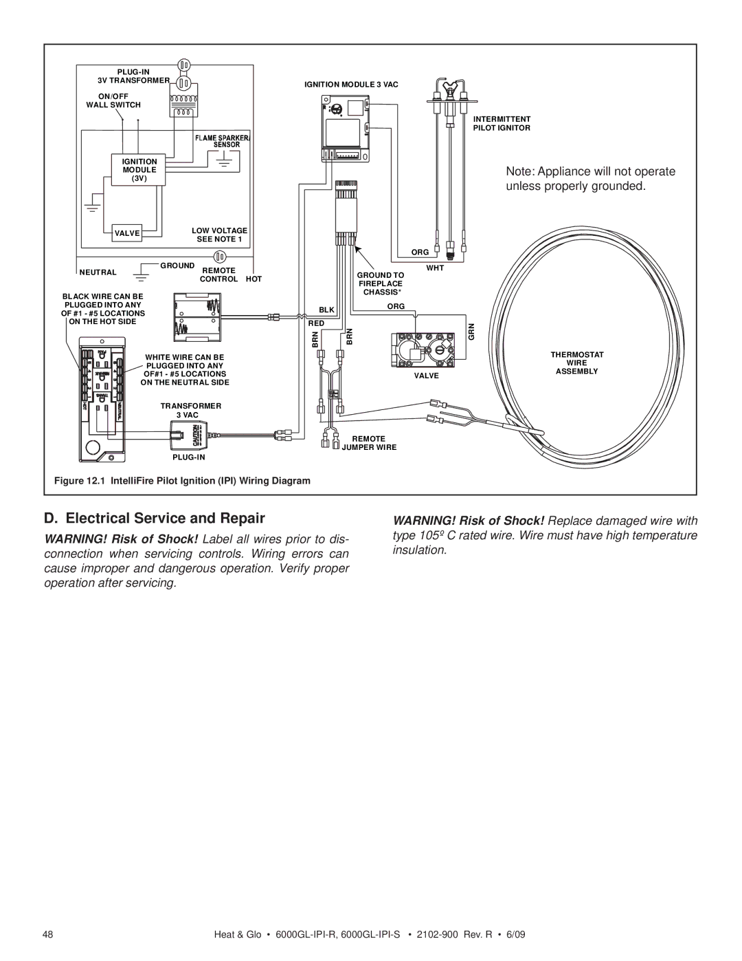 Heat & Glo LifeStyle 6000GL-IPI-S owner manual Electrical Service and Repair, IntelliFire Pilot Ignition IPI Wiring Diagram 