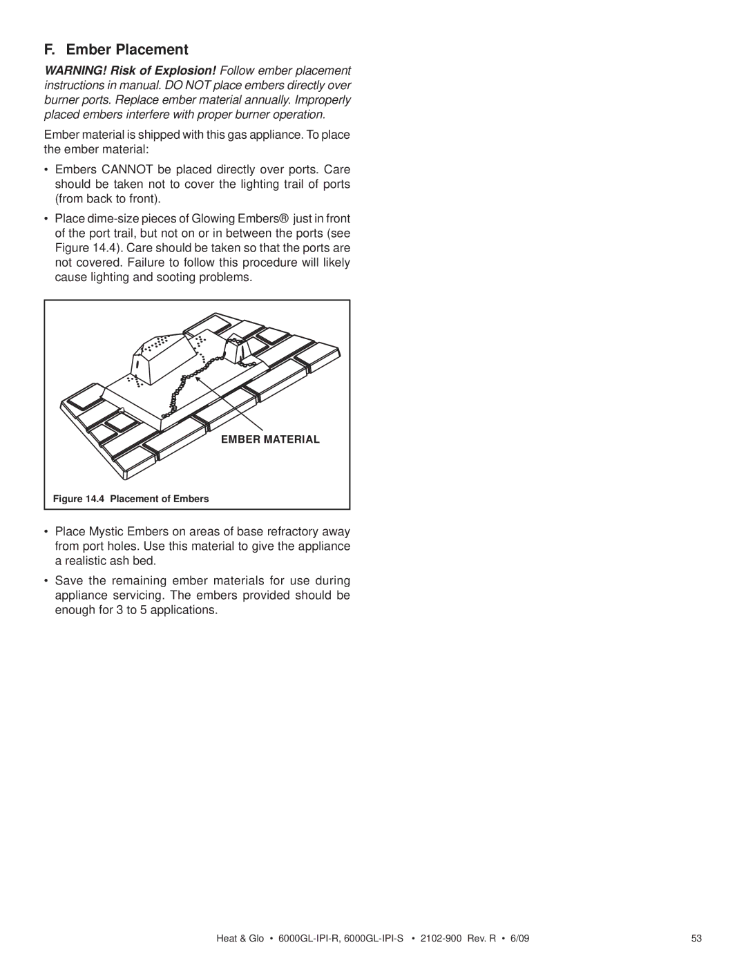 Heat & Glo LifeStyle 6000GL-IPILP-R, 6000GL-IPI-S, 6000GL-IPILP-S, 6000GL-IPI-R owner manual Ember Placement, Ember Material 