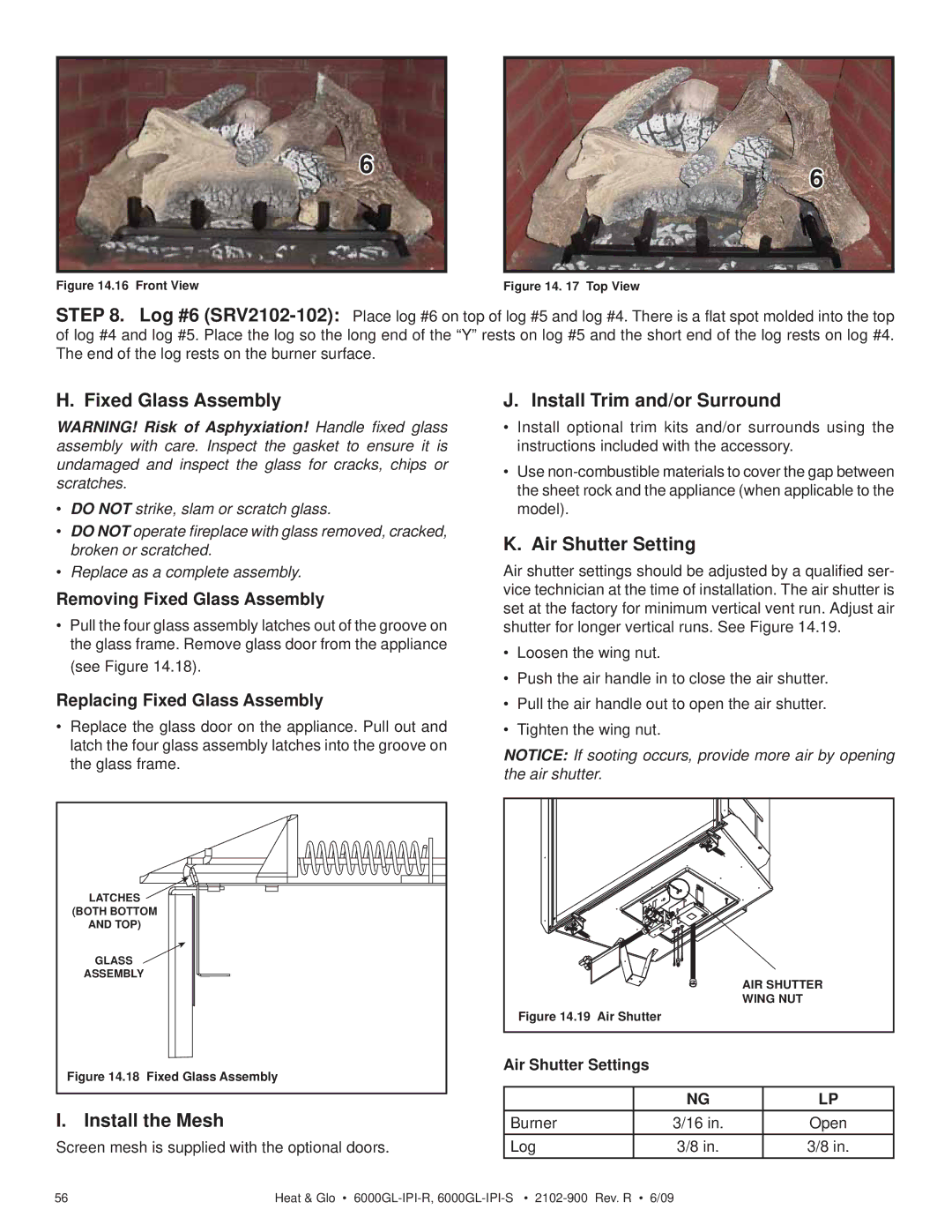 Heat & Glo LifeStyle 6000GL-IPI-S, 6000GL-IPILP-R Install the Mesh, Install Trim and/or Surround, Air Shutter Setting 