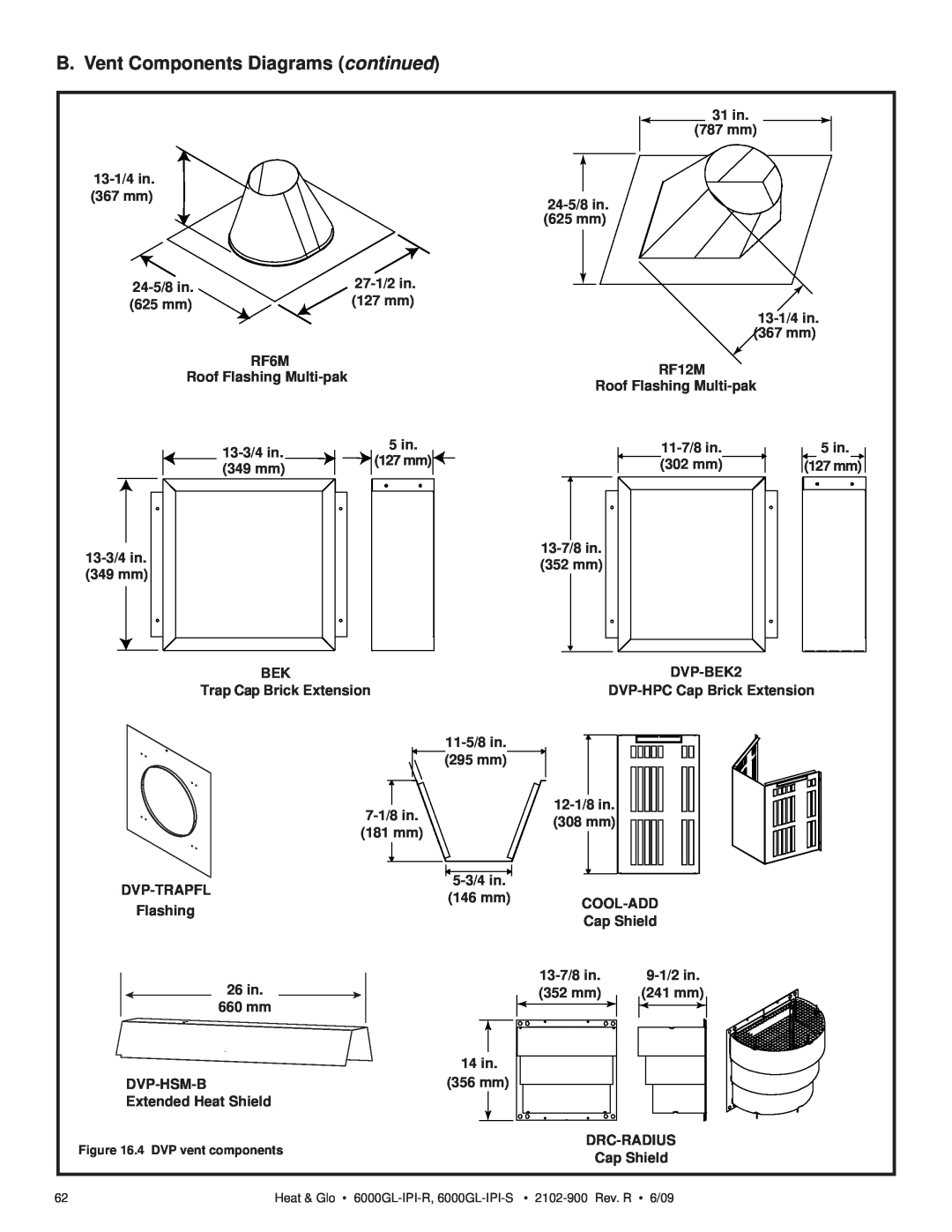 Heat & Glo LifeStyle 6000GL-IPILP-S B. Vent Components Diagrams continued, 31 in, 787 mm, 13-1/4in, 367 mm, 24-5/8in, RF6M 