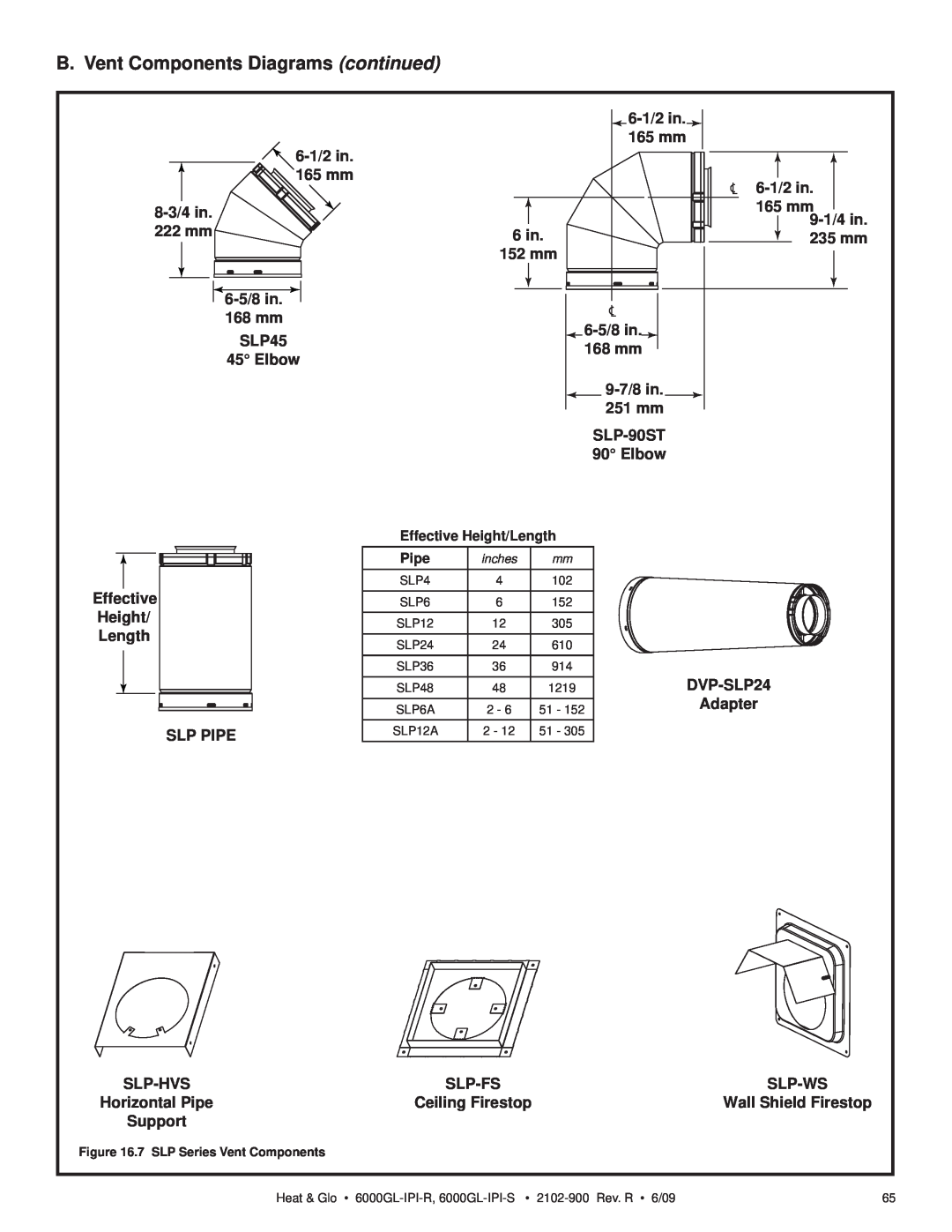 Heat & Glo LifeStyle 6000GL-IPILP-R B. Vent Components Diagrams continued, 6-1/2in, 165 mm, 8-3/4in, 9-1/4in, 222 mm, 6 in 
