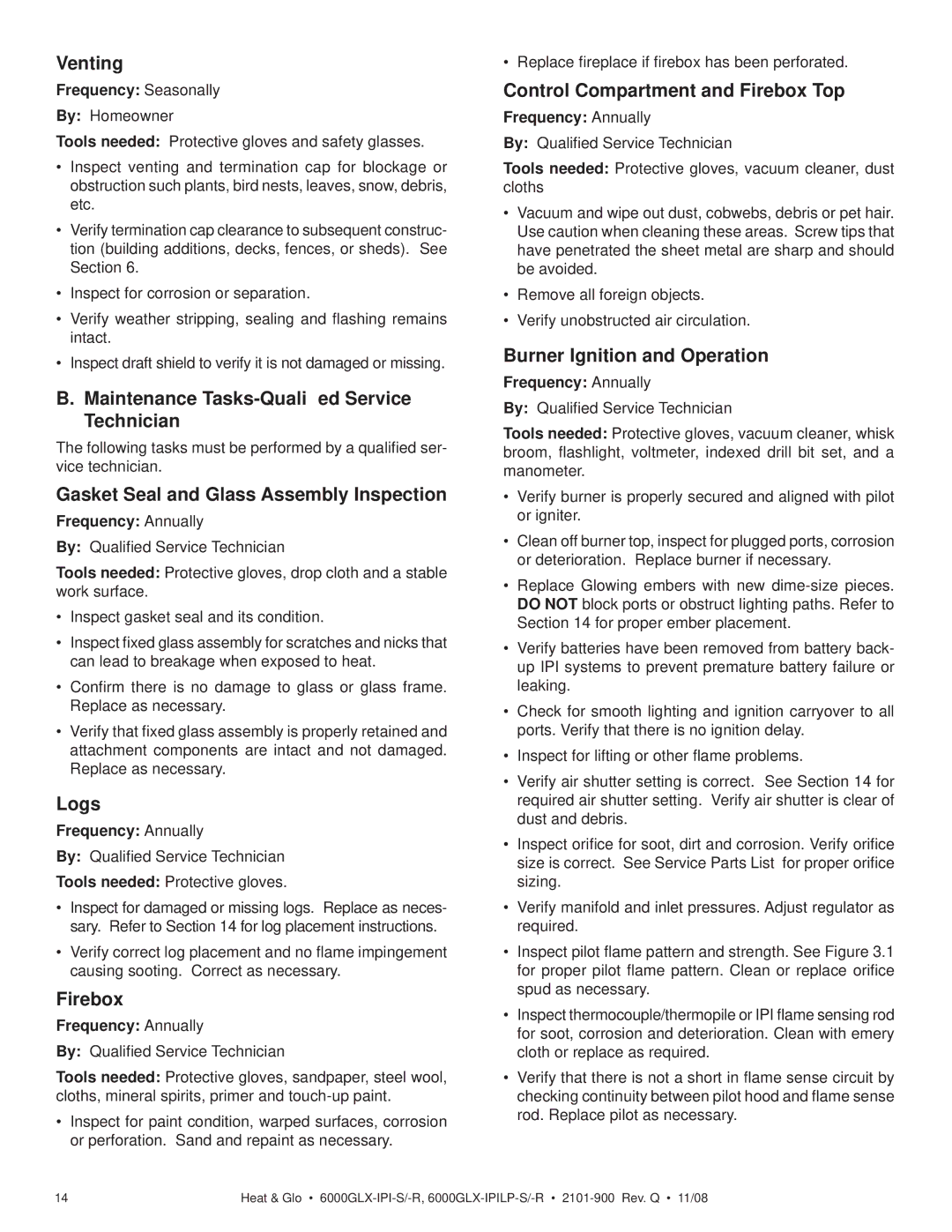 Heat & Glo LifeStyle 6000GLX-IPI-S/-R owner manual Venting, Maintenance Tasks-Qualiﬁed Service Technician, Logs, Firebox 