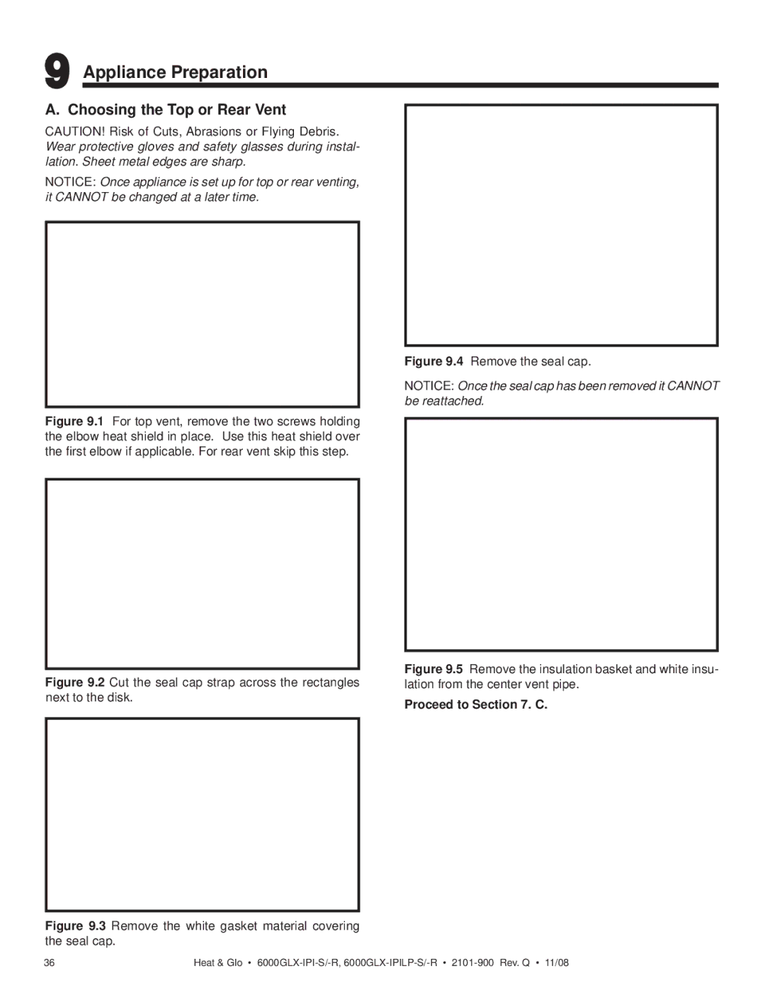 Heat & Glo LifeStyle 6000GLX-IPI-S/-R owner manual Appliance Preparation, Choosing the Top or Rear Vent, Proceed to . C 