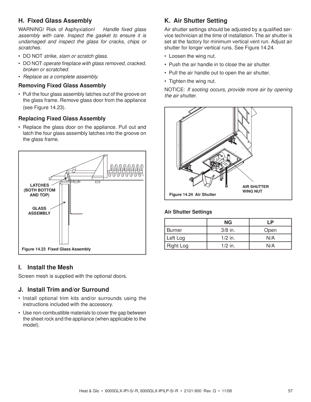 Heat & Glo LifeStyle 6000GLX-IPILP-S/-R owner manual Install the Mesh, Install Trim and/or Surround, Air Shutter Setting 