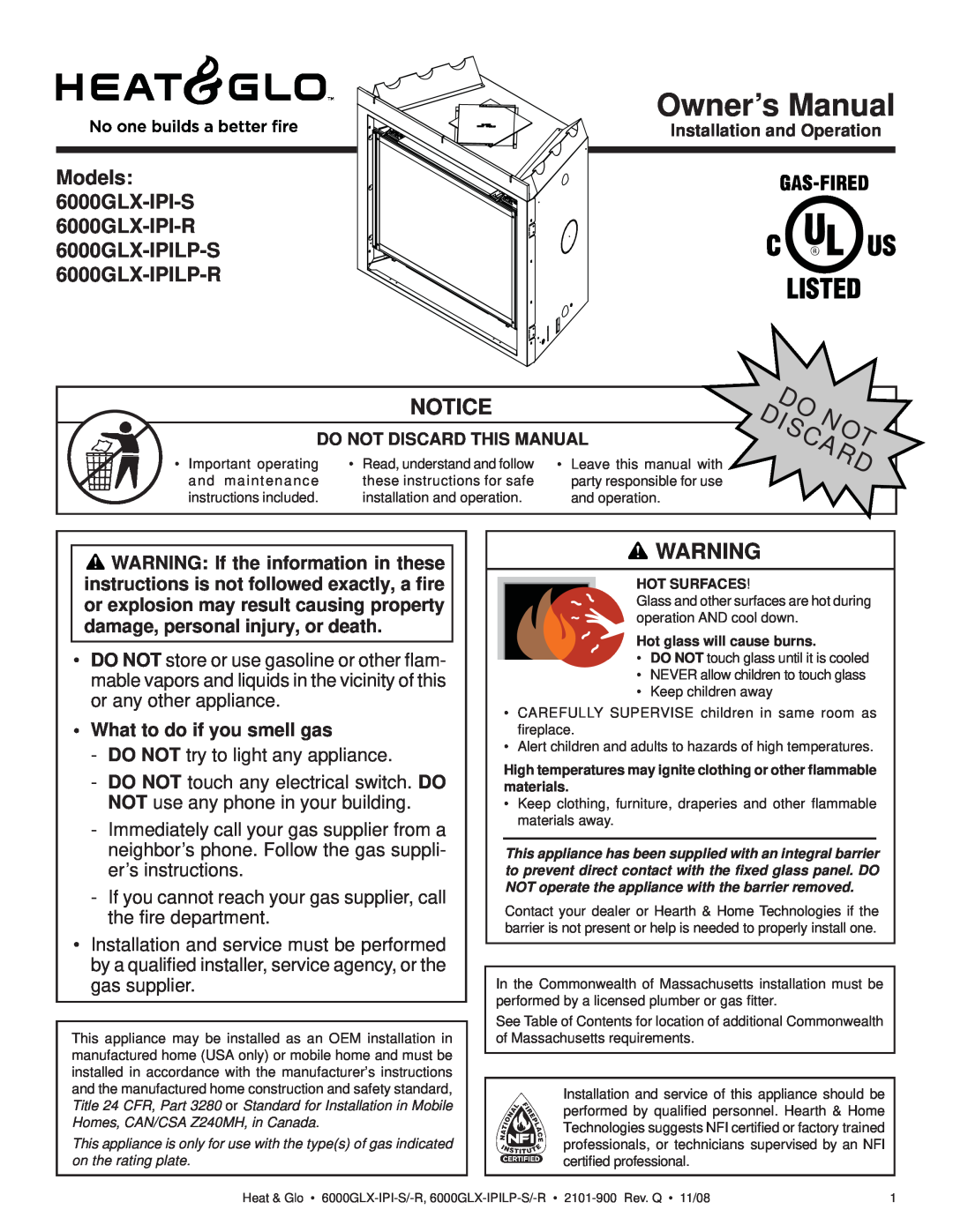 Heat & Glo LifeStyle 6000GLX-IPILP-S/-R owner manual Notice, •What to do if you smell gas, Owner’s Manual 