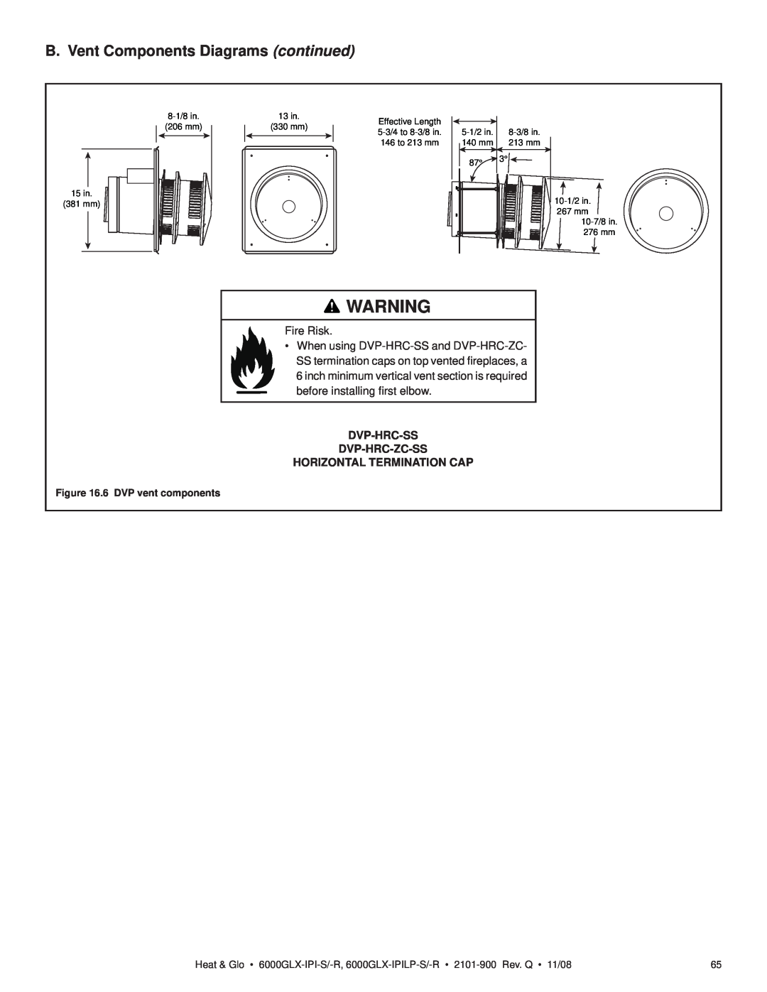 Heat & Glo LifeStyle 6000GLX-IPILP-S/-R B. Vent Components Diagrams continued, Fire Risk, before installing ﬁrst elbow 