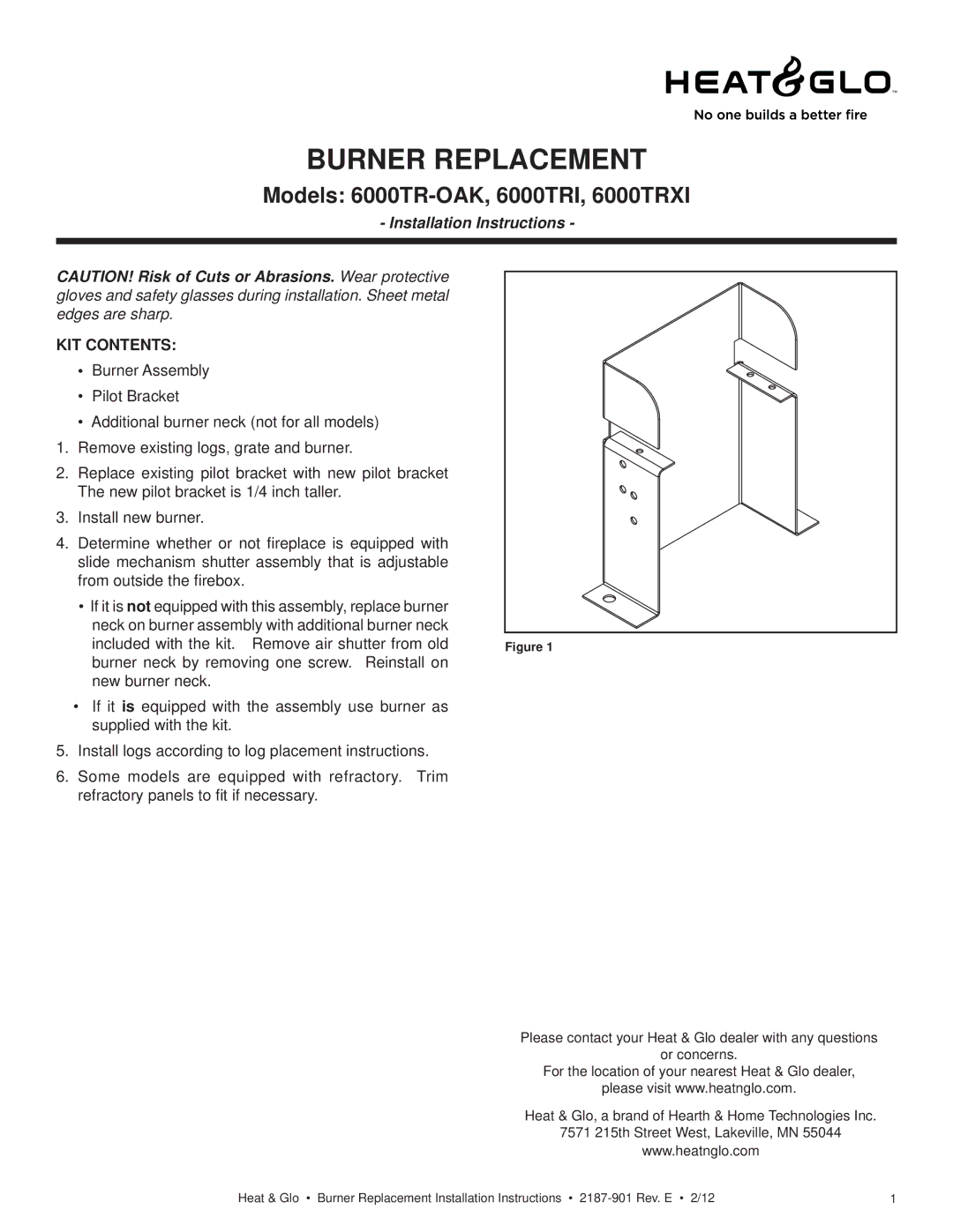 Heat & Glo LifeStyle installation instructions Burner Replacement, Models 6000TR-OAK, 6000TRI, 6000TRXI, KIT Contents 