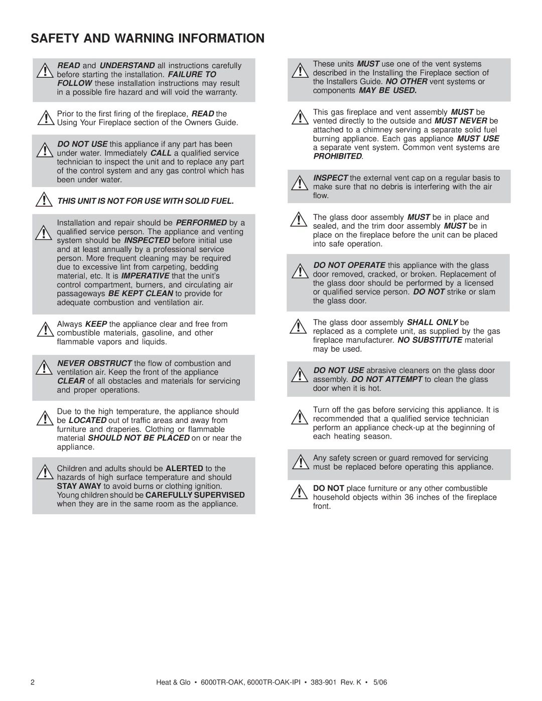 Heat & Glo LifeStyle 6000TR-OAK-IPI owner manual Safety and Warning Information 