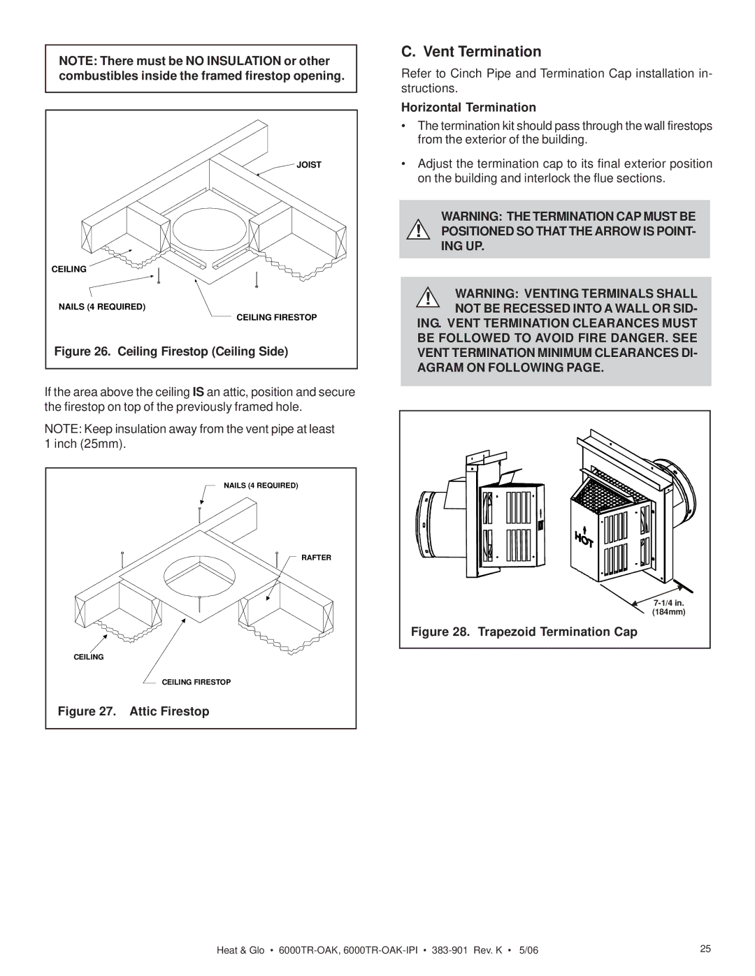 Heat & Glo LifeStyle 6000TR-OAK-IPI owner manual Vent Termination, Attic Firestop, Horizontal Termination 