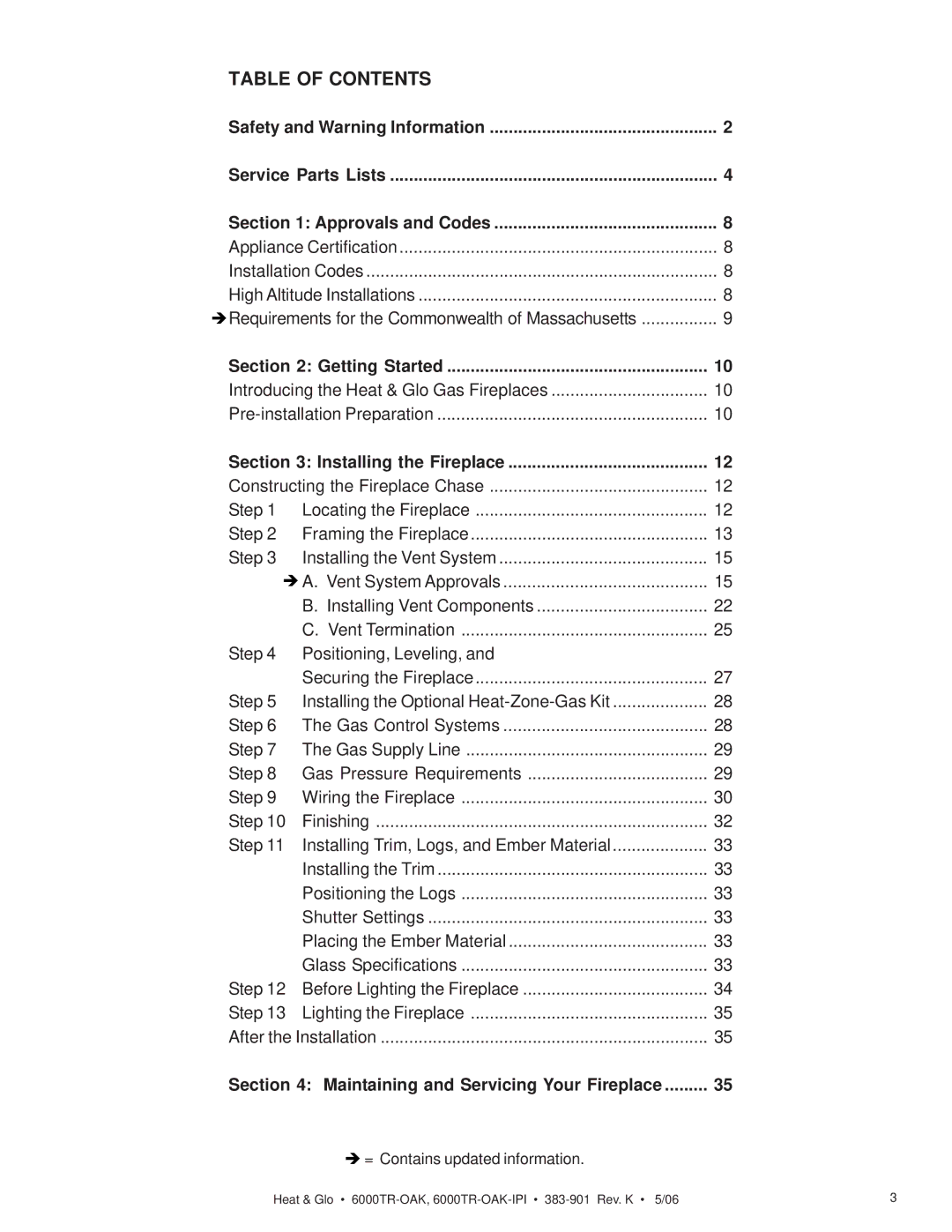 Heat & Glo LifeStyle 6000TR-OAK-IPI owner manual Table of Contents 