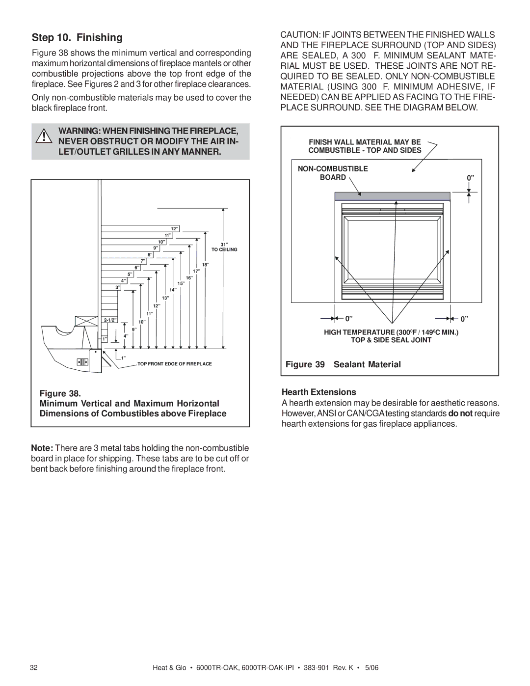 Heat & Glo LifeStyle 6000TR-OAK-IPI owner manual Finishing, Sealant Material Hearth Extensions 