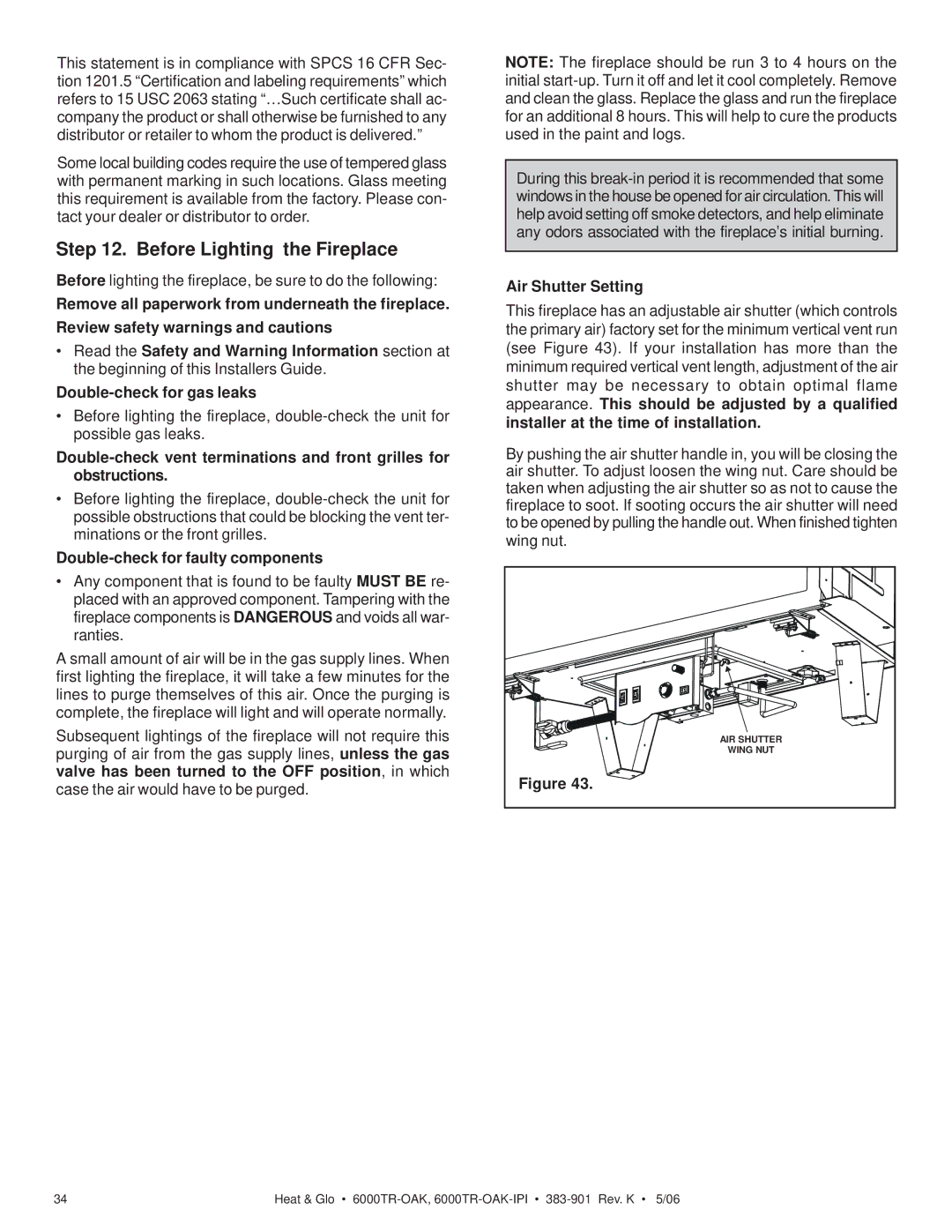 Heat & Glo LifeStyle 6000TR-OAK-IPI Before Lighting the Fireplace, Double-check for faulty components, Air Shutter Setting 