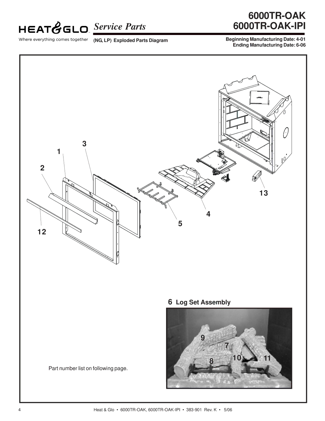 Heat & Glo LifeStyle 6000TR-OAK-IPI owner manual Log Set Assembly 