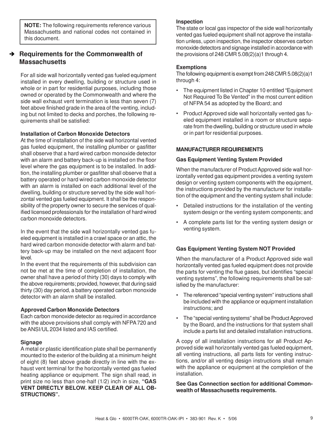 Heat & Glo LifeStyle 6000TR-OAK-IPI Requirements for the Commonwealth of Massachusetts, Manufacturer Requirements 