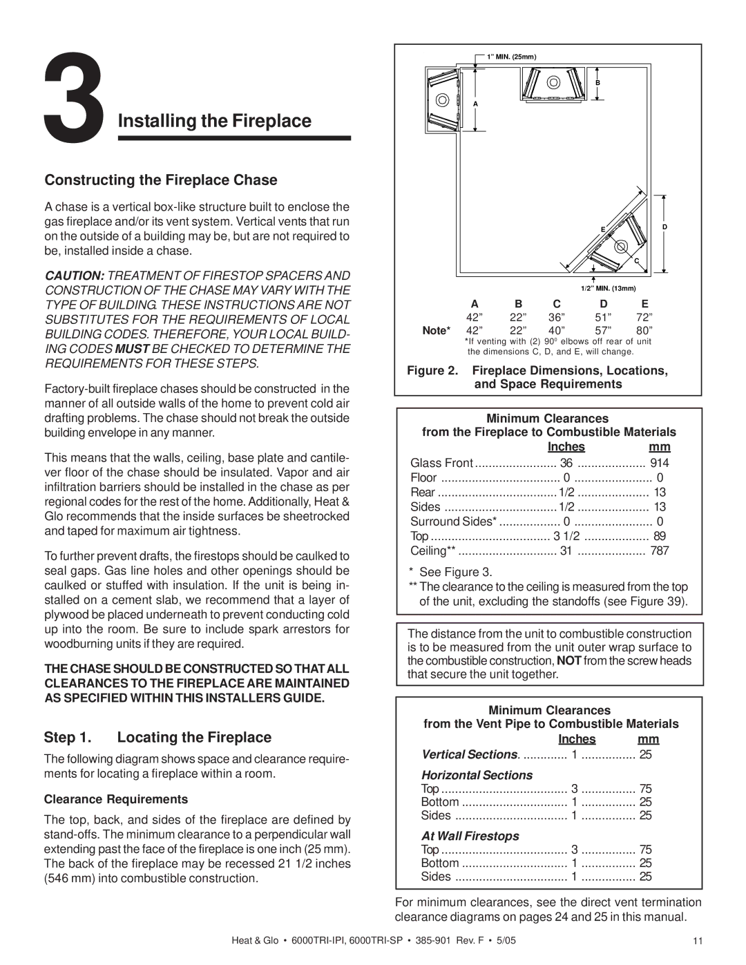 Heat & Glo LifeStyle 6000TRI-SP manual Constructing the Fireplace Chase, Locating the Fireplace, Clearance Requirements 