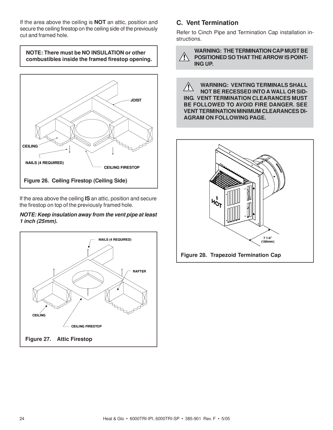 Heat & Glo LifeStyle 6000TRI-IPI, 6000TRI-SP manual Vent Termination, Attic Firestop 