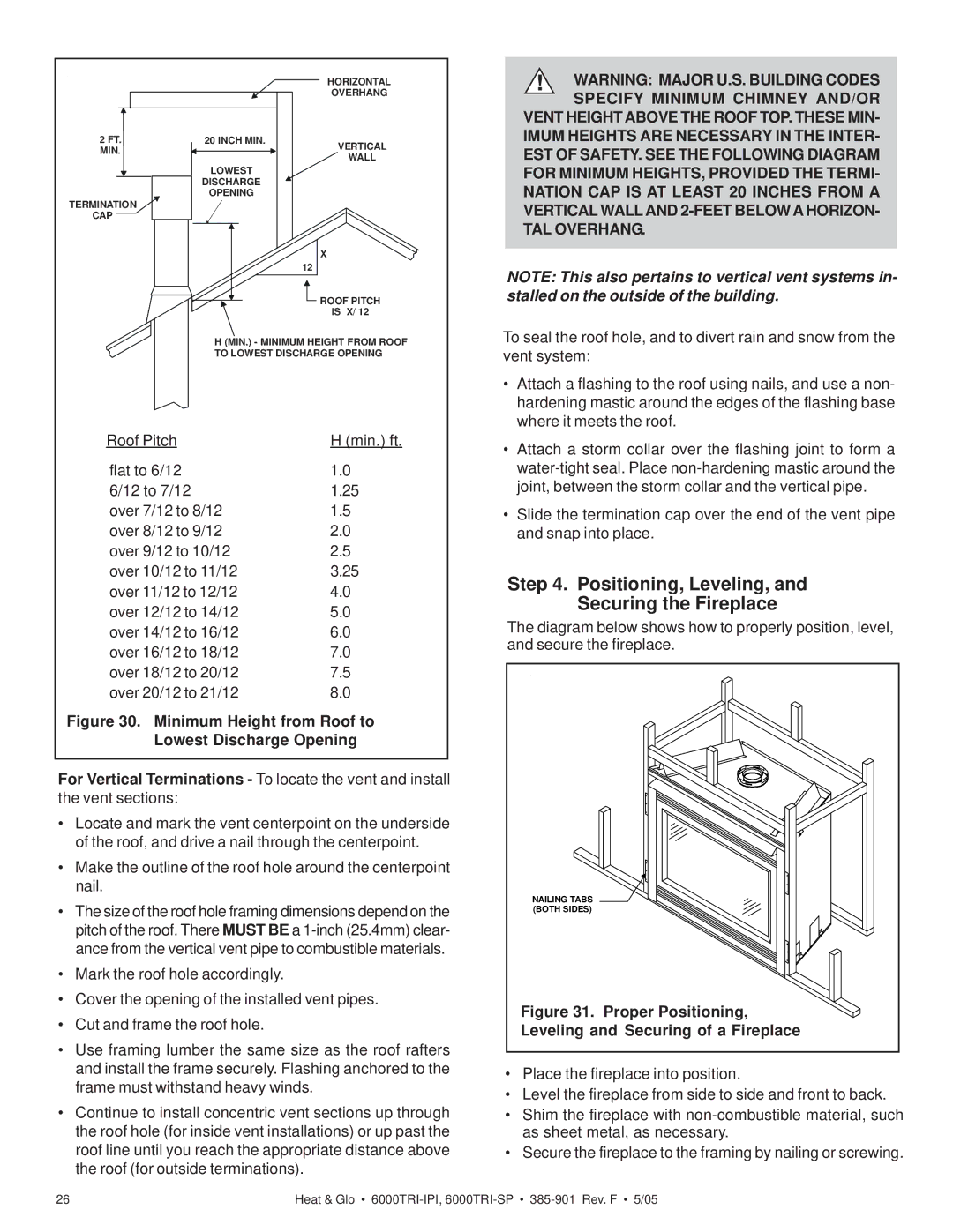 Heat & Glo LifeStyle 6000TRI-IPI, 6000TRI-SP manual Positioning, Leveling, Securing the Fireplace, Proper Positioning 