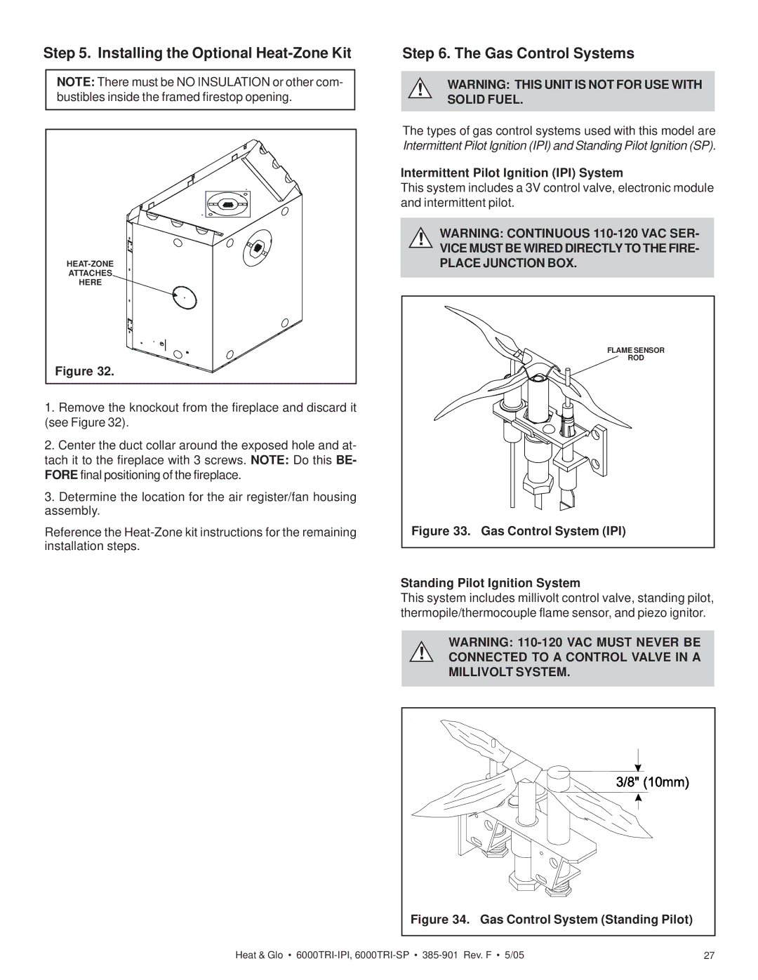 Heat & Glo LifeStyle 6000TRI-SP, 6000TRI-IPI Installing the Optional Heat-Zone Kit, Gas Control Systems, Millivolt System 