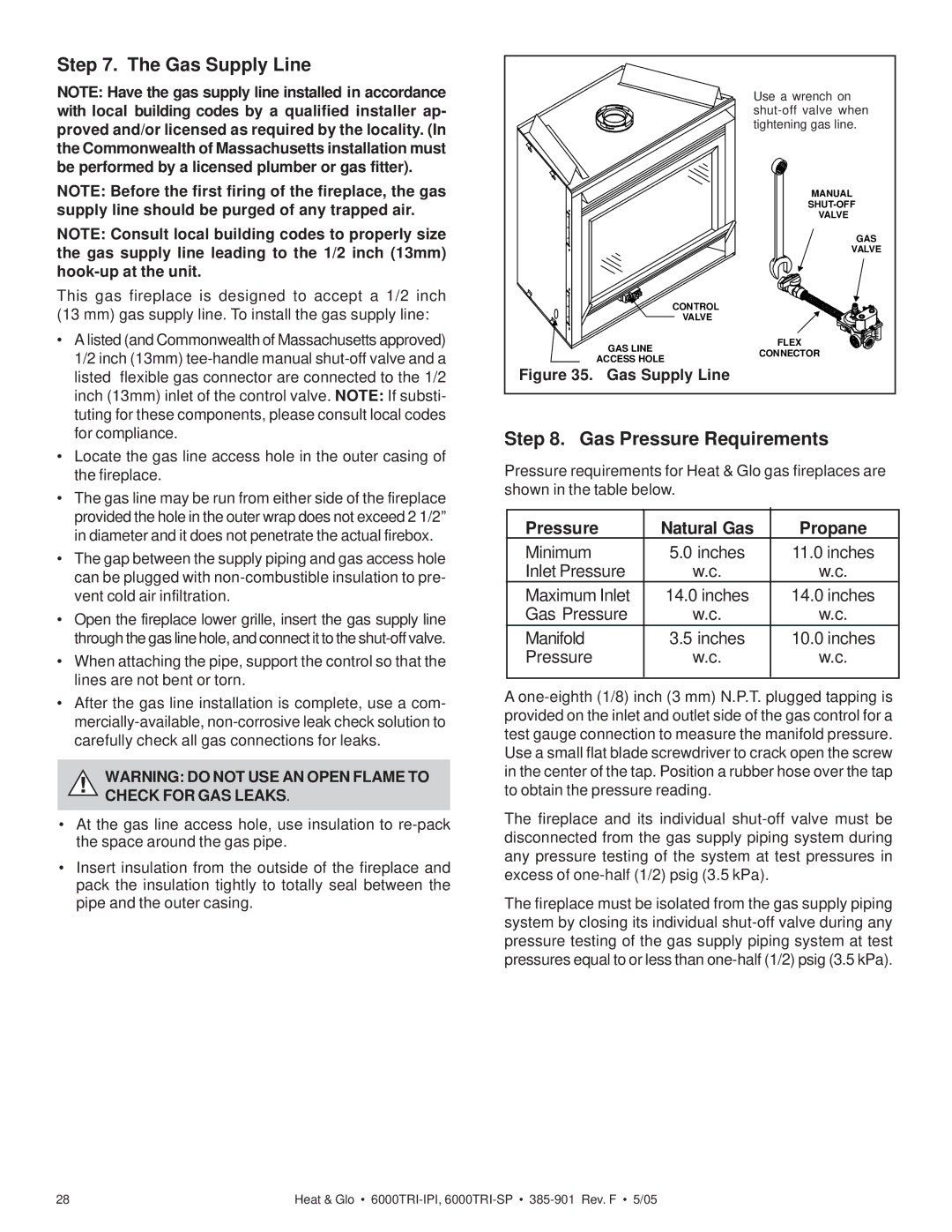 Heat & Glo LifeStyle 6000TRI-IPI, 6000TRI-SP manual Gas Supply Line, Gas Pressure Requirements, Pressure Natural Gas Propane 