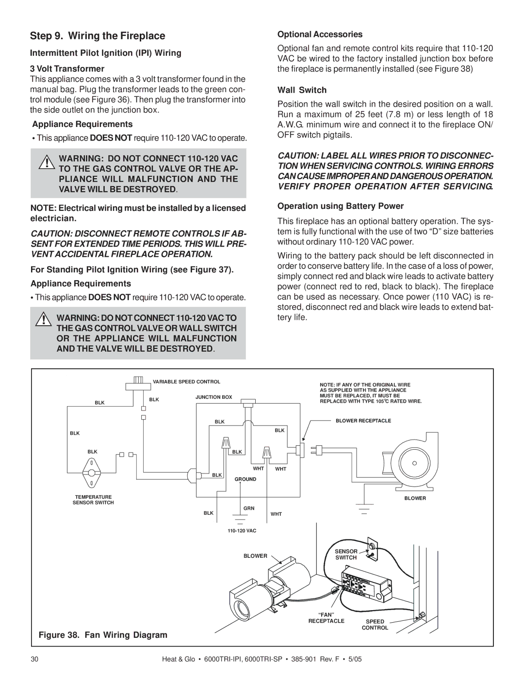 Heat & Glo LifeStyle 6000TRI-IPI, 6000TRI-SP manual Wiring the Fireplace 