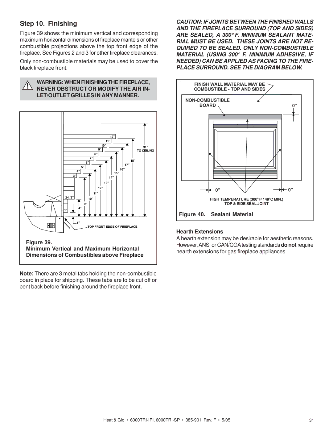 Heat & Glo LifeStyle 6000TRI-SP, 6000TRI-IPI manual Finishing, Sealant Material Hearth Extensions 