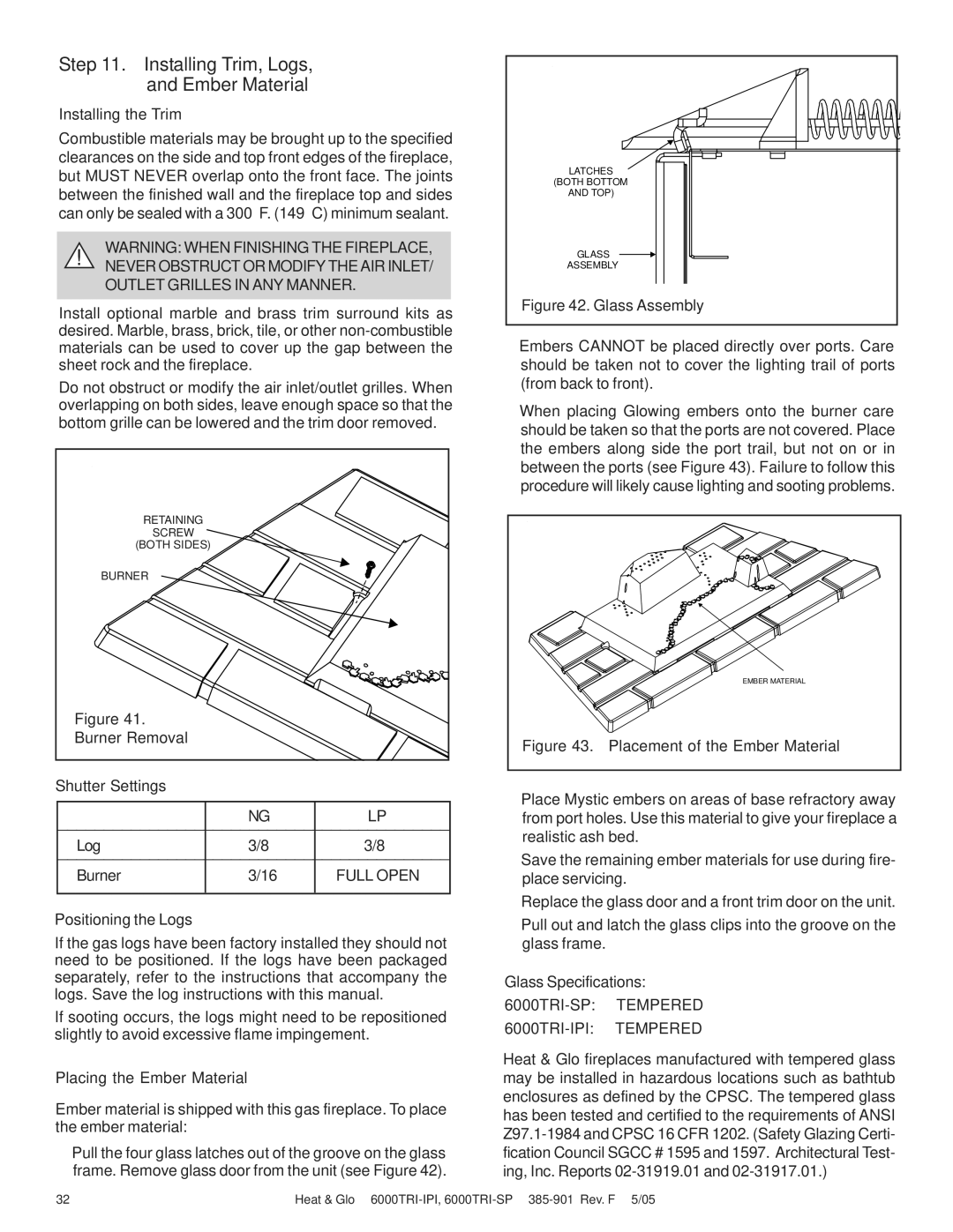 Heat & Glo LifeStyle 6000TRI-IPI, 6000TRI-SP manual Installing Trim, Logs, and Ember Material 