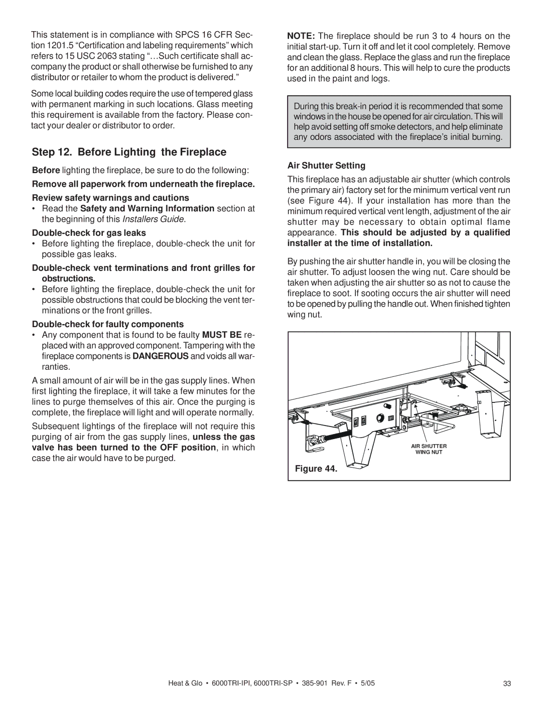 Heat & Glo LifeStyle 6000TRI-SP Before Lighting the Fireplace, Double-check for faulty components, Air Shutter Setting 