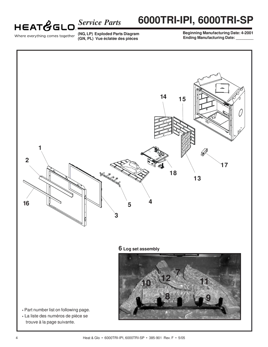 Heat & Glo LifeStyle manual 6000TRI-IPI, 6000TRI-SP, Log set assembly 