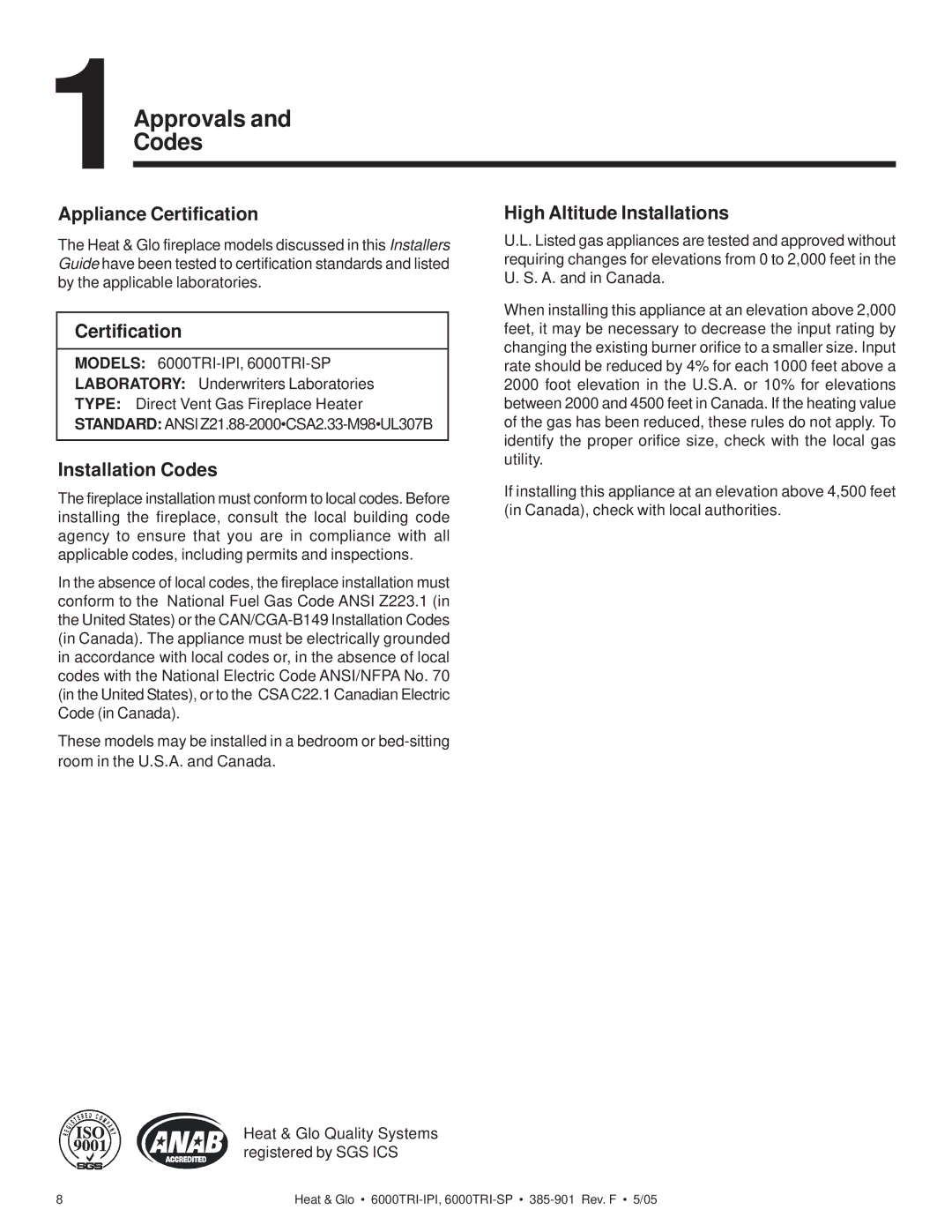 Heat & Glo LifeStyle 6000TRI-IPI, 6000TRI-SP manual Appliance Certification, Installation Codes, High Altitude Installations 