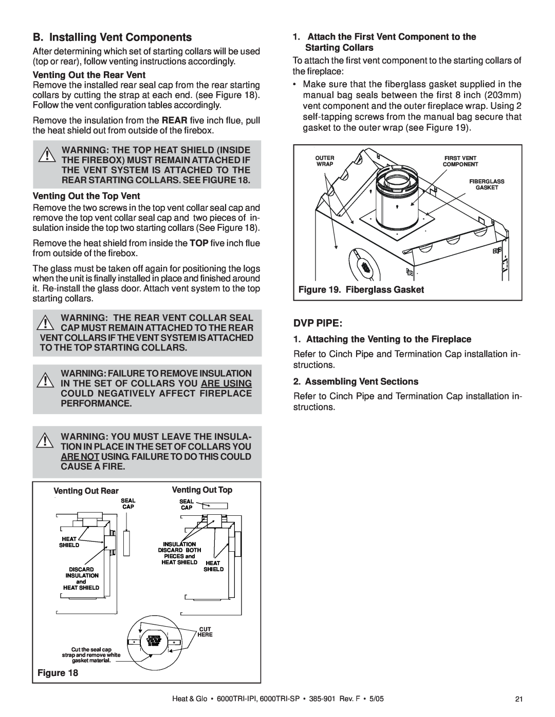 Heat & Glo LifeStyle 6000TRI-SP, 6000TRI-IPI manual B. Installing Vent Components, Dvp Pipe 