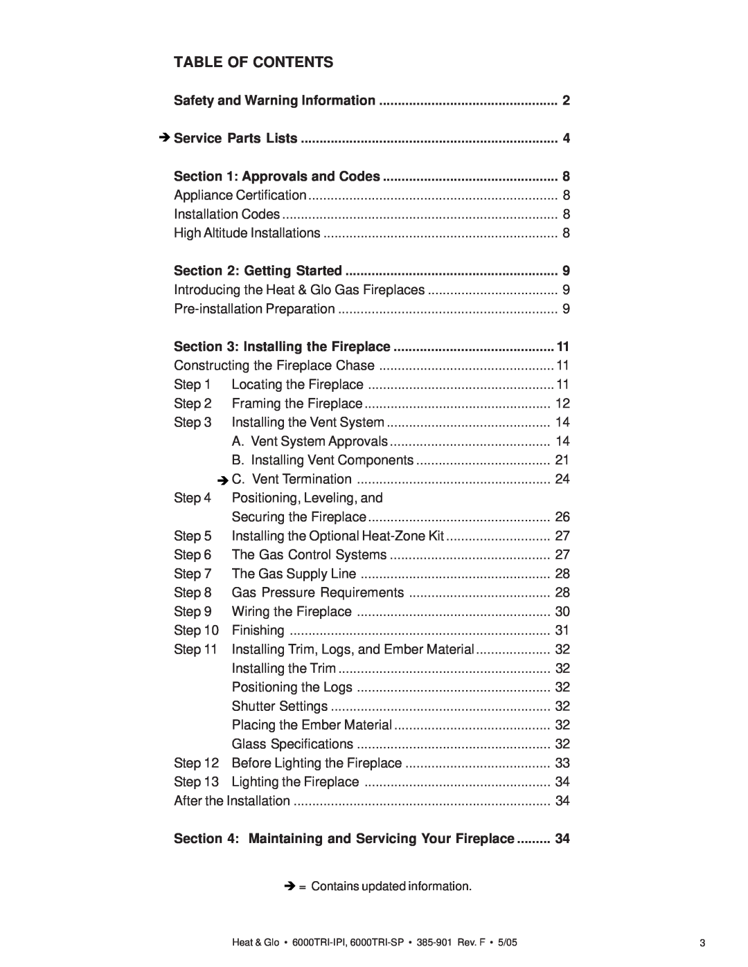 Heat & Glo LifeStyle 6000TRI-SP, 6000TRI-IPI manual Table Of Contents 