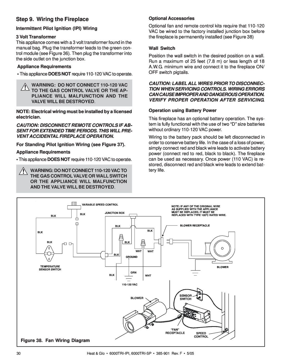 Heat & Glo LifeStyle 6000TRI-IPI, 6000TRI-SP manual Wiring the Fireplace 