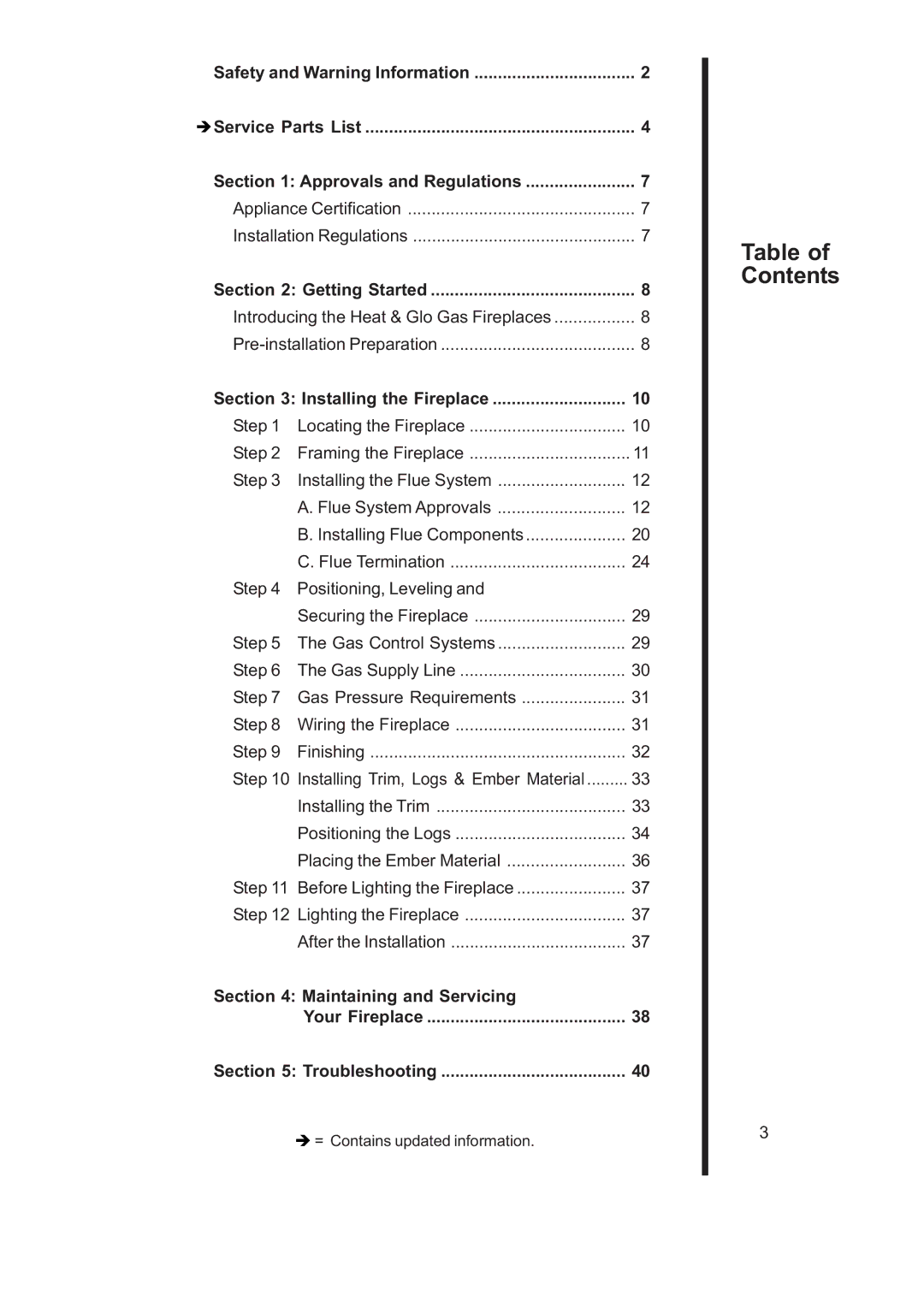 Heat & Glo LifeStyle 6000TRS-CD manual Table of Contents, Service Parts List, Getting Started, Installing the Fireplace 