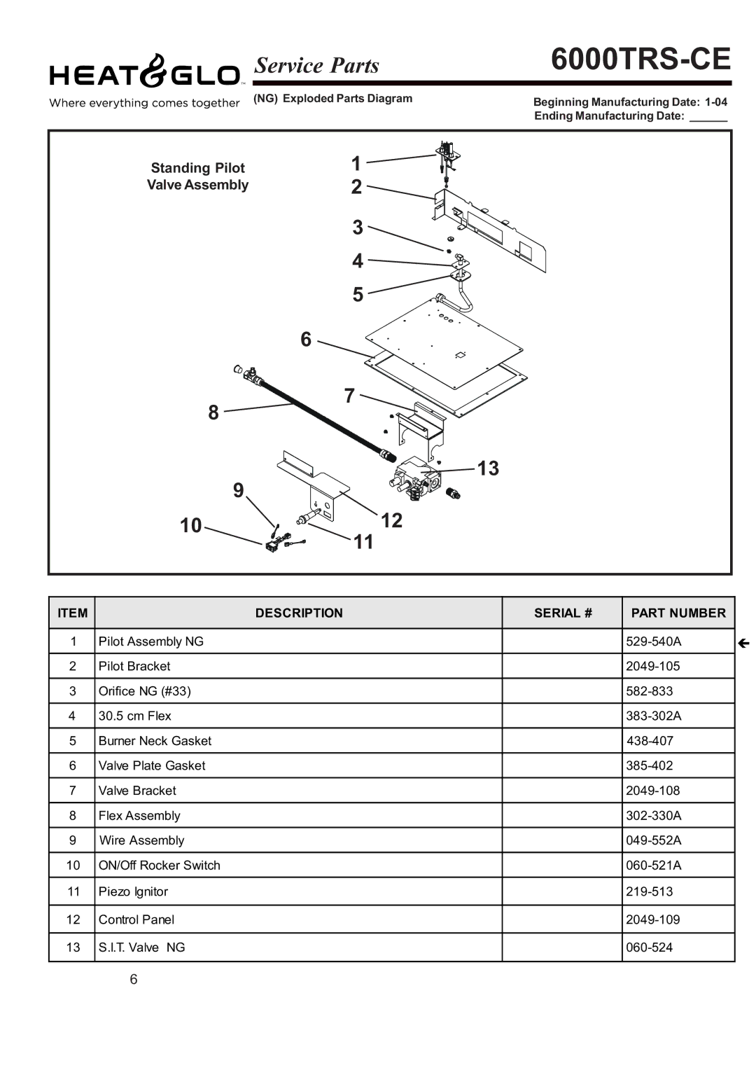 Heat & Glo LifeStyle 6000TRS-CD manual Standing Pilot Valve Assembly, Description Serial # Part Number 