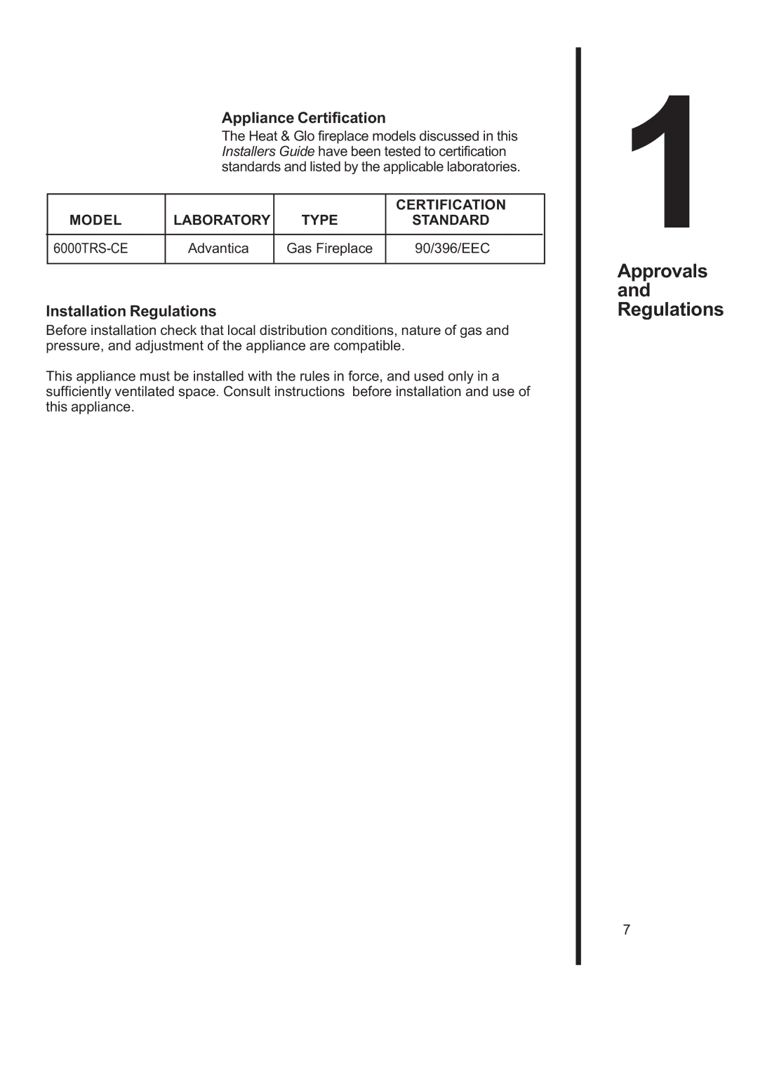 Heat & Glo LifeStyle 6000TRS-CD manual Approvals and Regulations, Appliance Certification, Installation Regulations 