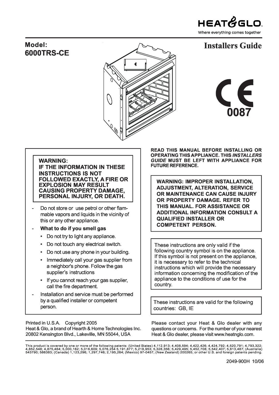 Heat & Glo LifeStyle 6000TRS-CD manual 0087, 6000TRS-CE, Model, What to do if you smell gas, Installers Guide 