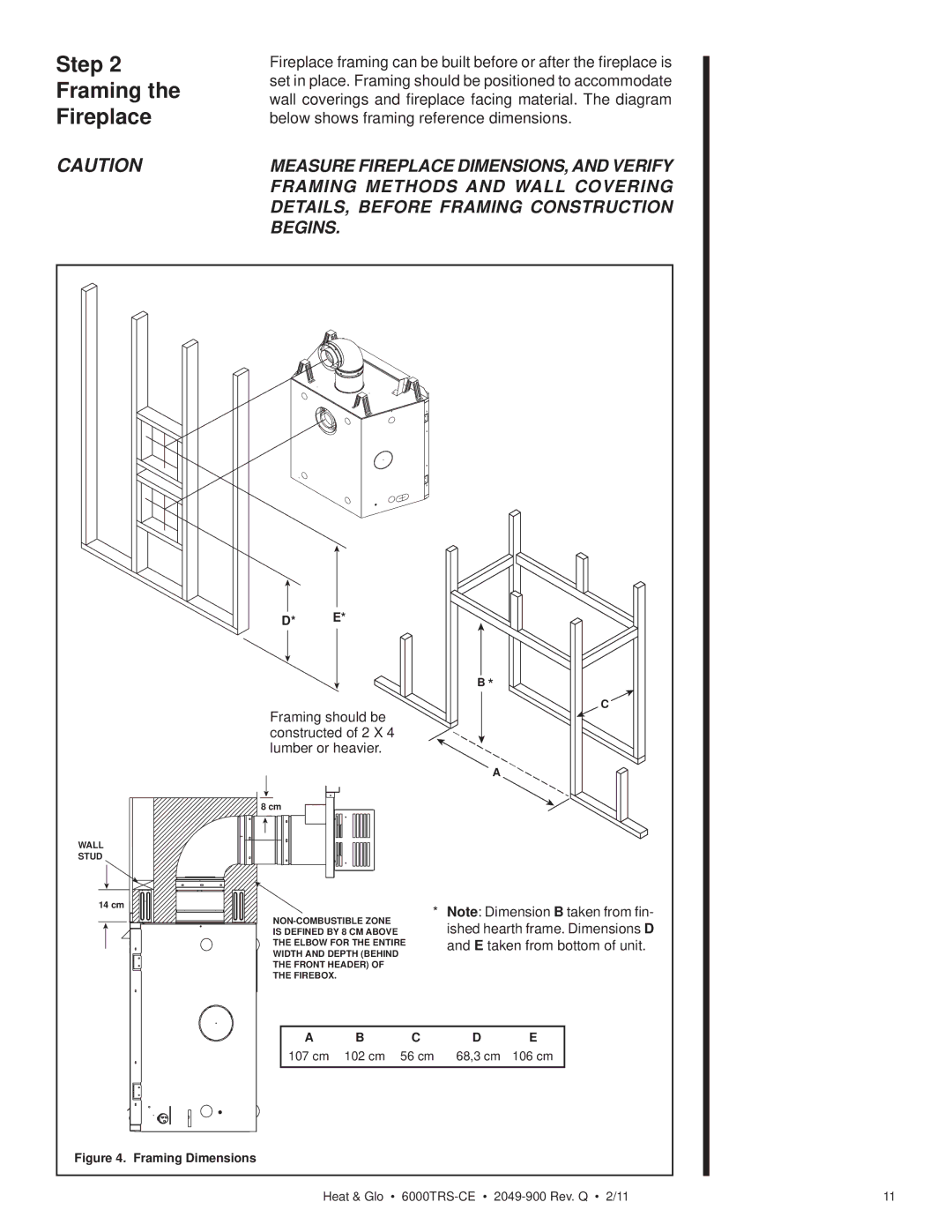 Heat & Glo LifeStyle 6000TRS-CE manual Step Framing Fireplace, Framing should be constructed of 2 X 4 lumber or heavier 