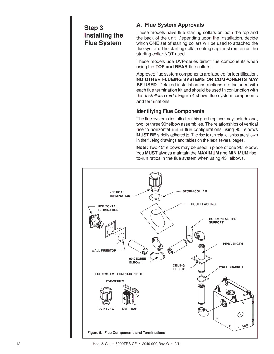 Heat & Glo LifeStyle 6000TRS-CE manual Step Installing Flue System, Flue System Approvals, Identifying Flue Components 