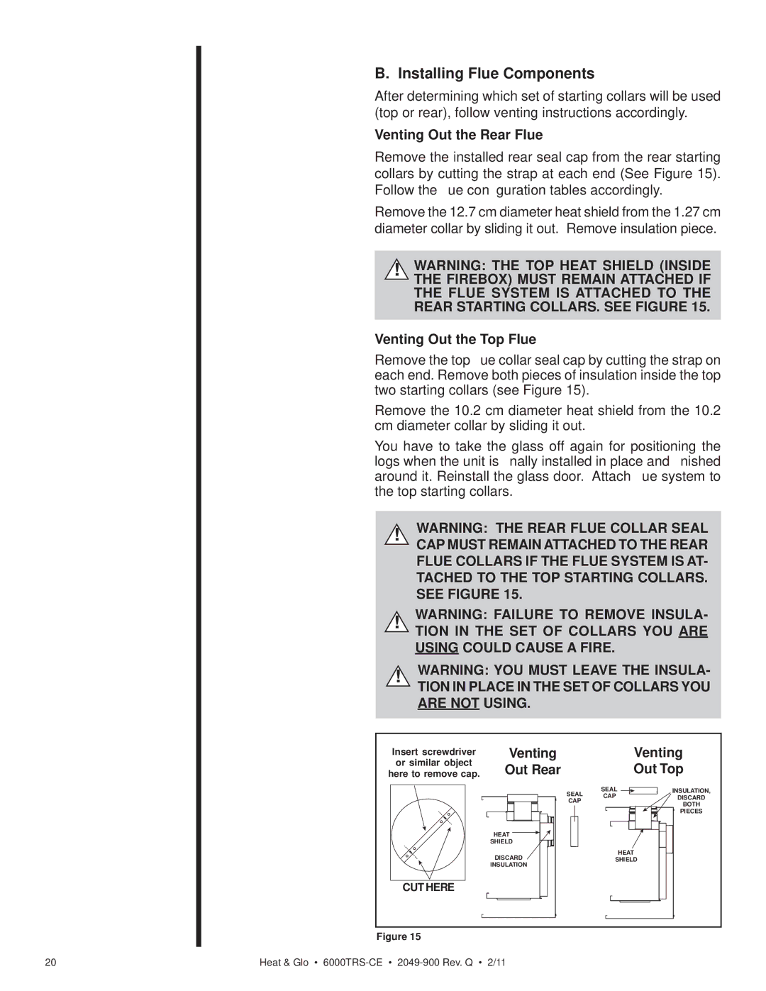 Heat & Glo LifeStyle 6000TRS-CE manual Installing Flue Components, Venting Out the Rear Flue, Venting Out the Top Flue 