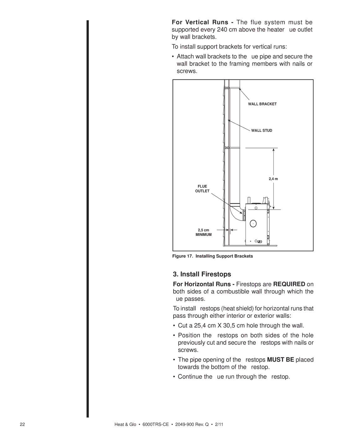 Heat & Glo LifeStyle 6000TRS-CE manual Install Firestops, Installing Support Brackets 