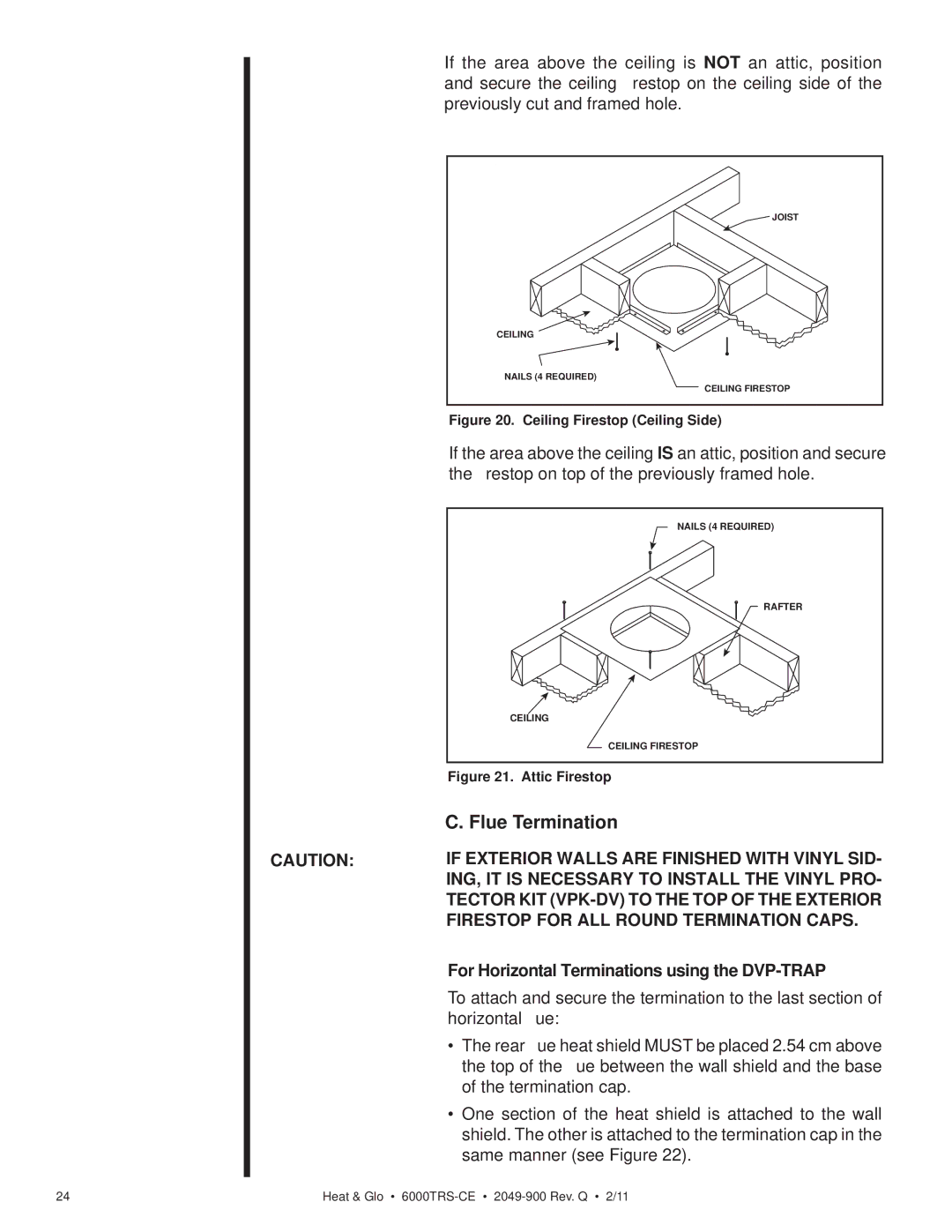 Heat & Glo LifeStyle 6000TRS-CE manual Flue Termination, For Horizontal Terminations using the DVP-TRAP 