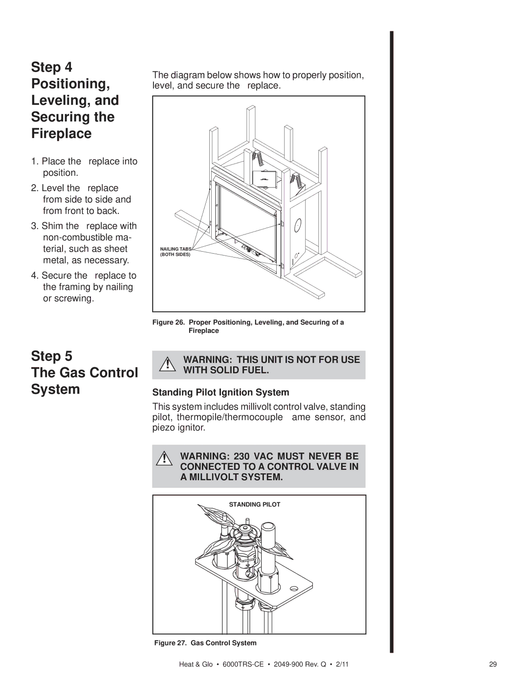 Heat & Glo LifeStyle 6000TRS-CE manual Step Positioning Leveling, Securing Fireplace, Standing Pilot Ignition System 