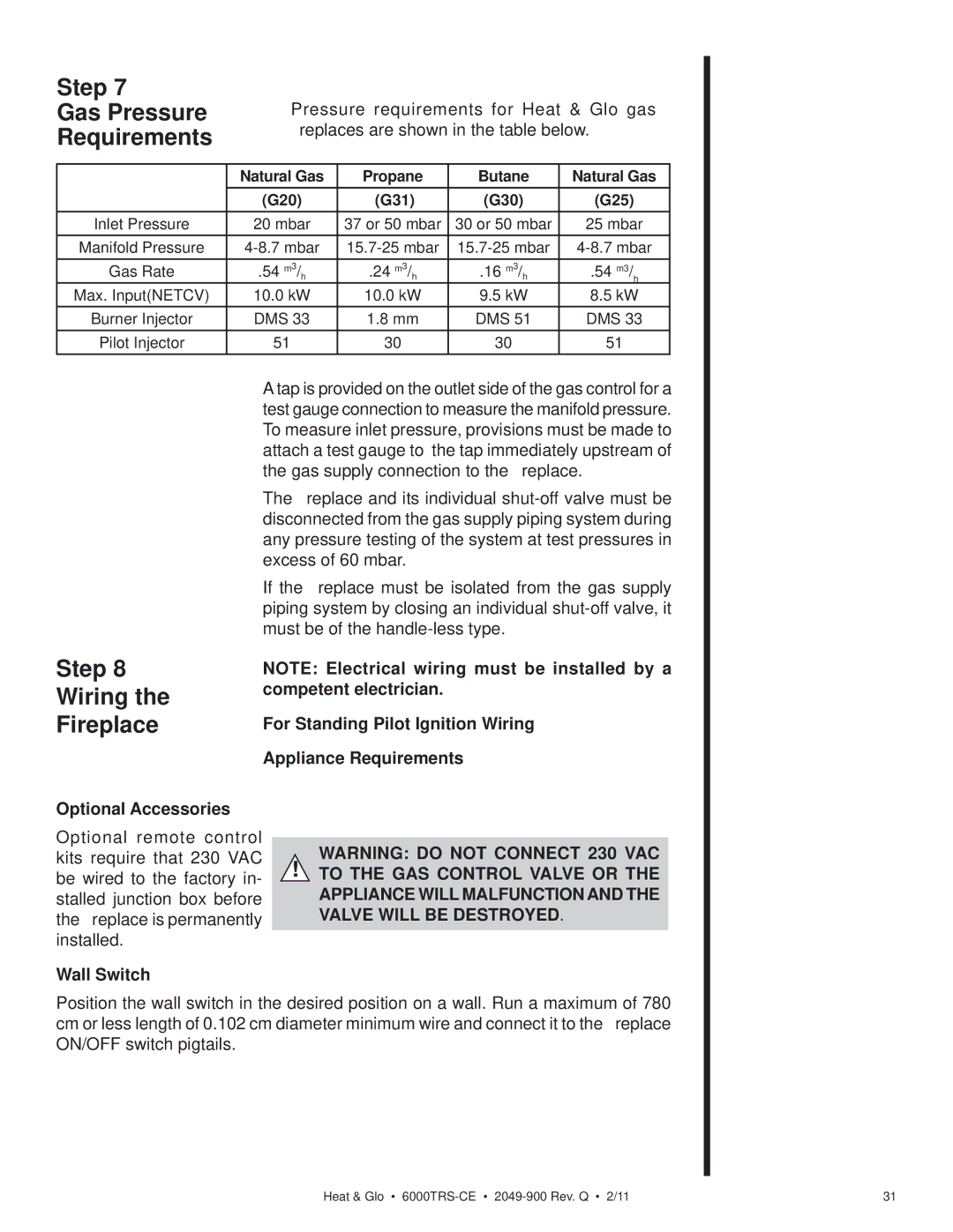 Heat & Glo LifeStyle 6000TRS-CE manual Step Gas Pressure Requirements, Optional Accessories 