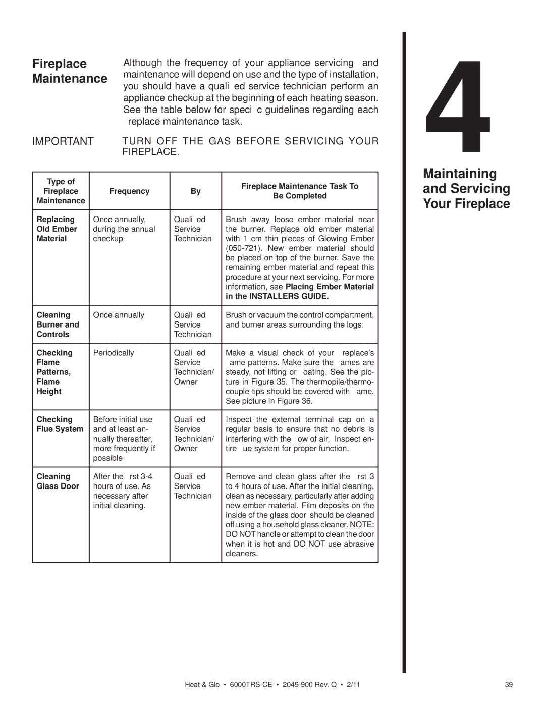 Heat & Glo LifeStyle 6000TRS-CE manual Maintaining Servicing Your Fireplace 