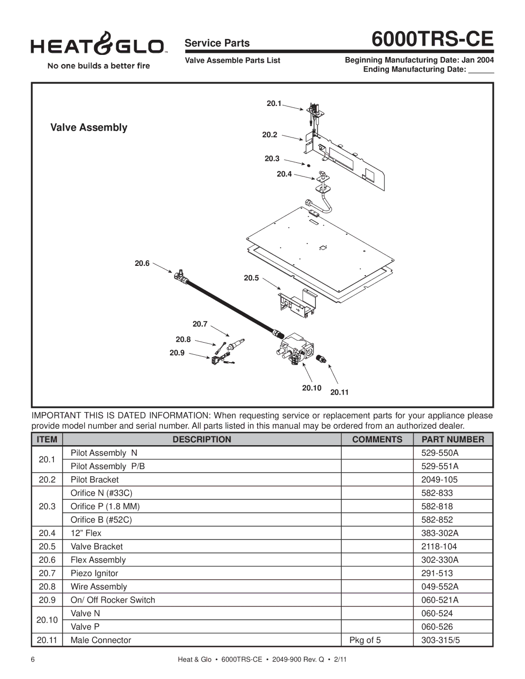 Heat & Glo LifeStyle 6000TRS-CE manual Valve Assembly 